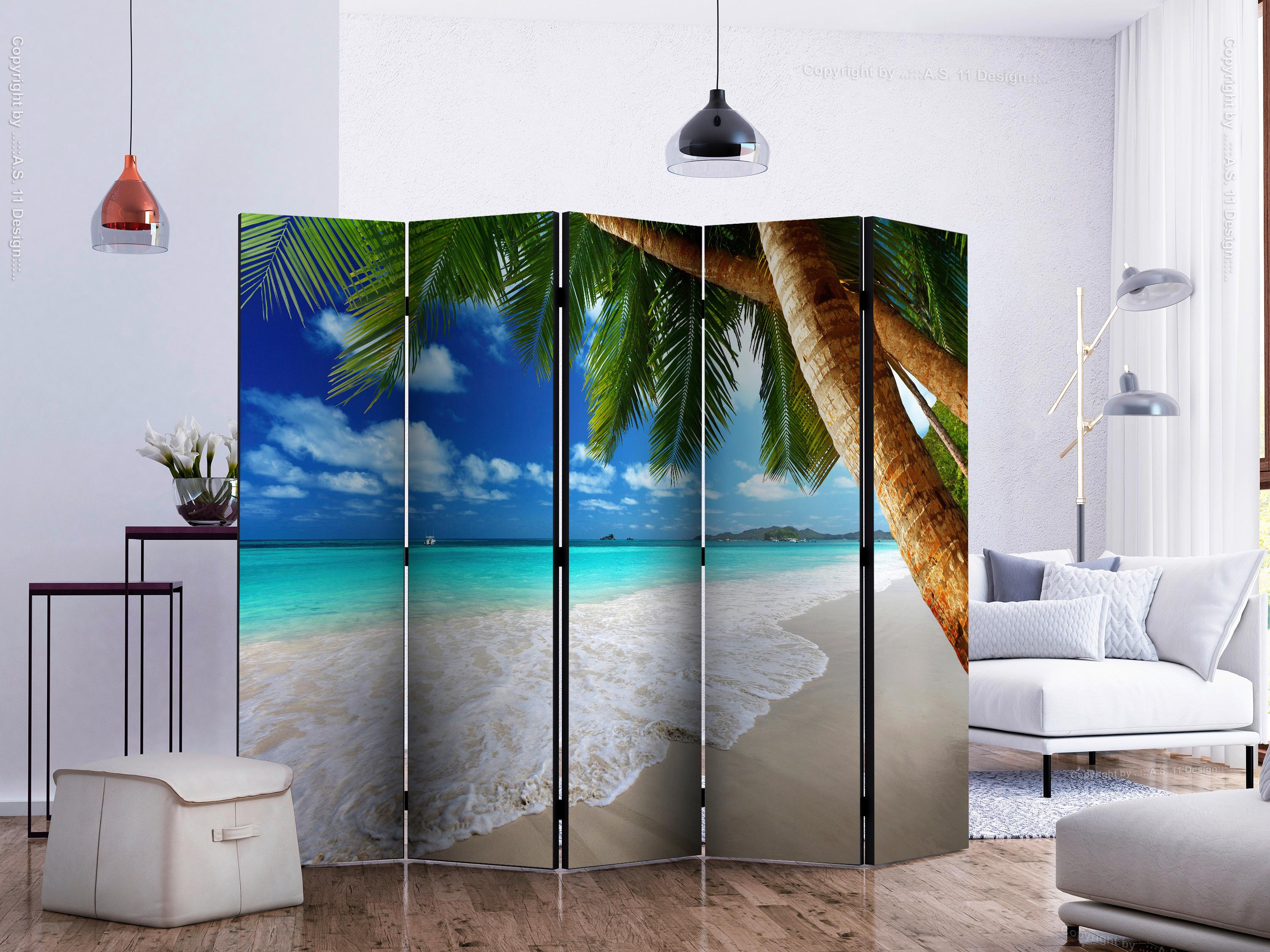 Paravan Tropical Island I, 5-Delni, Dvostranski - svetlo modra/zelena, Basics, tekstil/les (225/172/3cm) - artgeist
