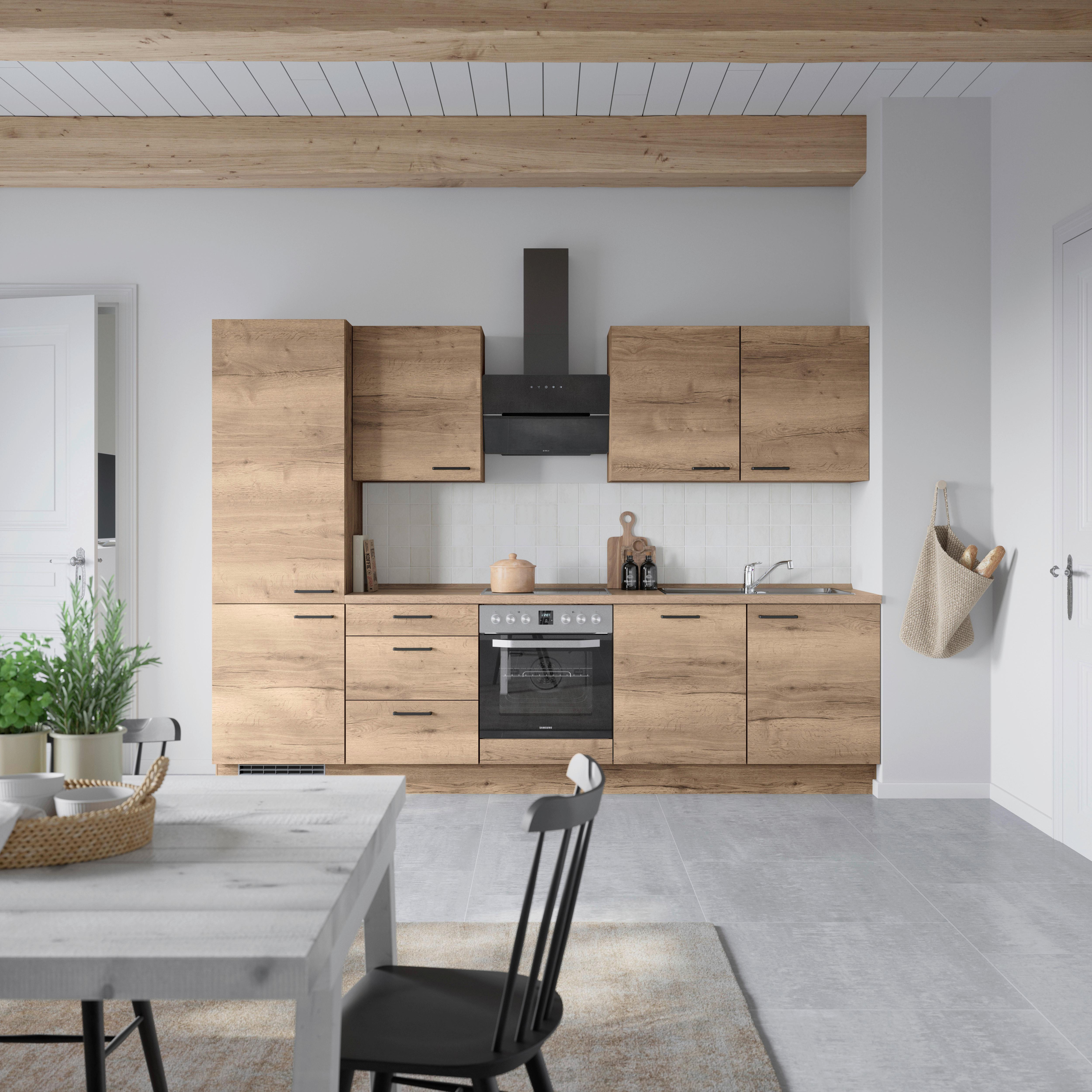 Küchenblock Structura High m. Geräten Eiche dunkel - Eiche dunkel/Schwarz, MODERN, Holzwerkstoff/Metall (300cm) - Nobilia