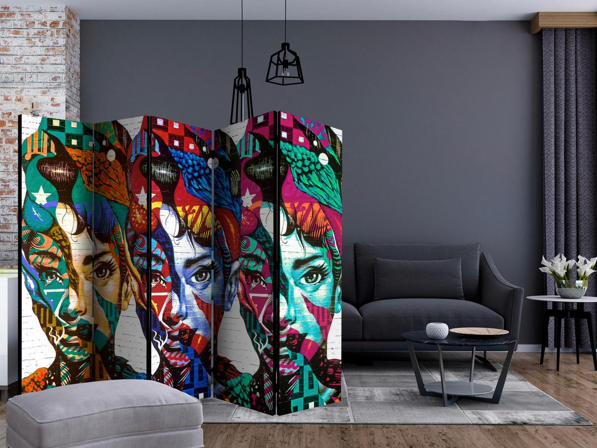 Paravan Colorful Faces I, 5-Delni, Dvostranski - večbarvno, Basics, tekstil/les (225/172/3cm) - artgeist