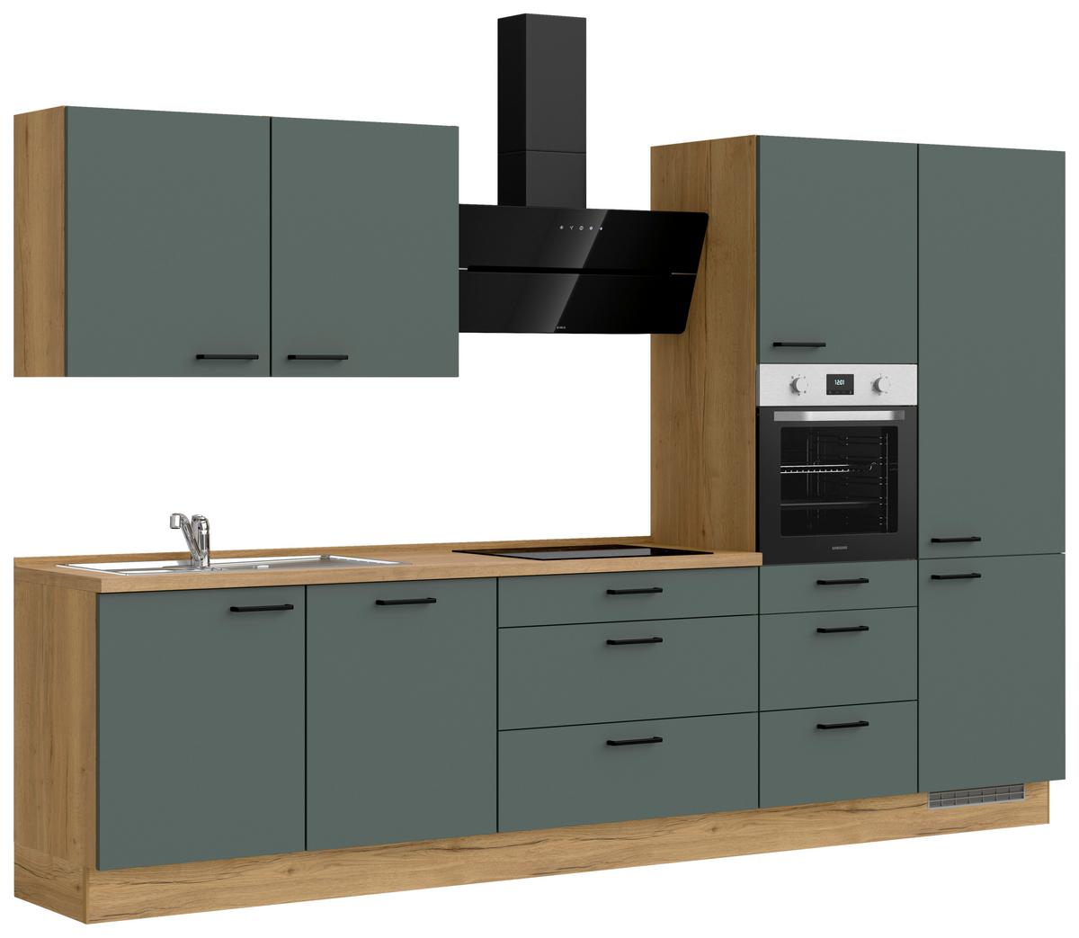 Küchenblock Easytouch High m. Geräten Dunkelgrün - Dunkelgrün/Eichefarben, MODERN, Holzwerkstoff/Metall (330cm) - Nobilia