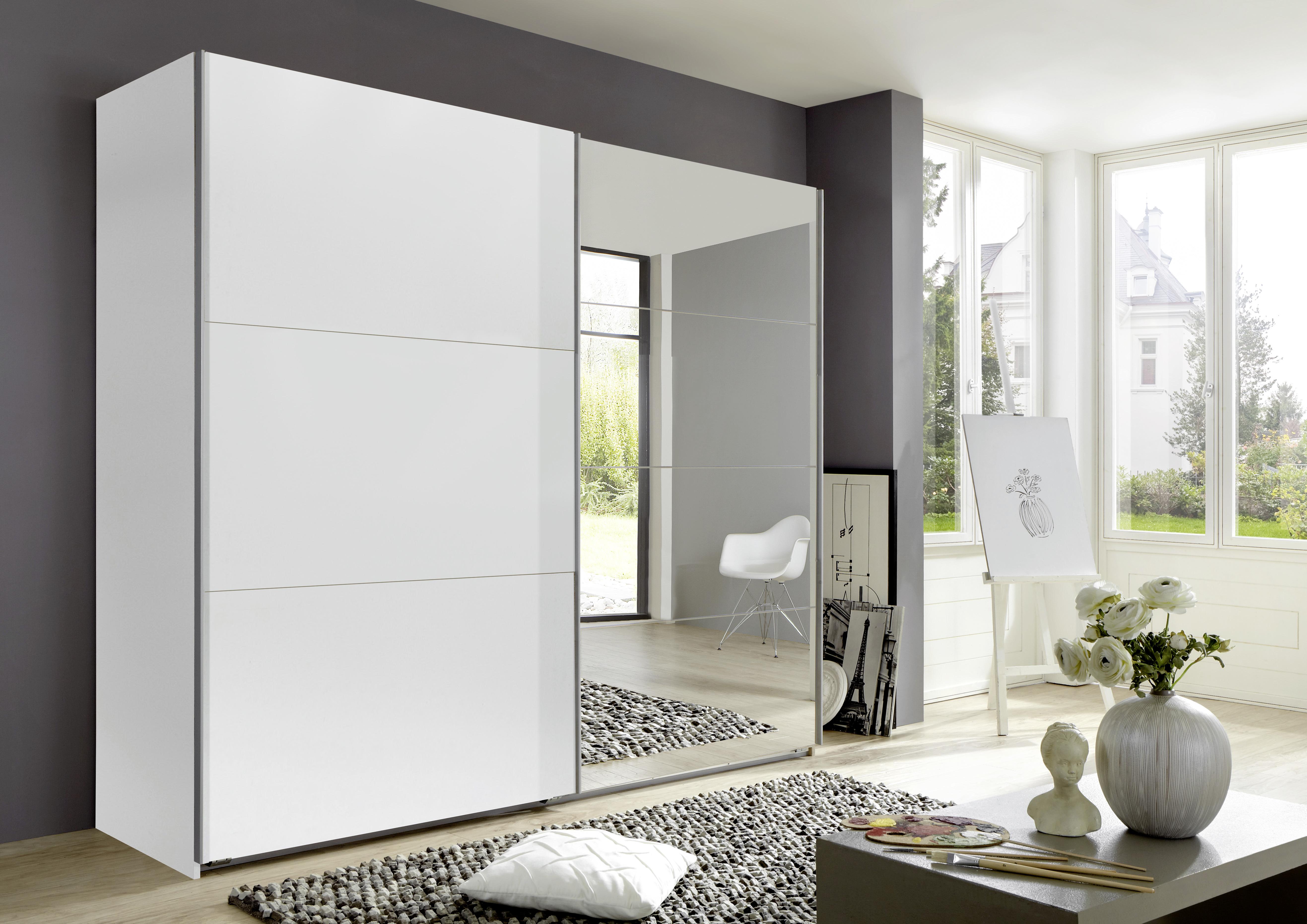 Omara Z Drsnimi Vrati Ernie, Bela, Z Ogledalom - bela/barve aluminija, Moderno, kovina/steklo (225/210/65cm) - MID.YOU