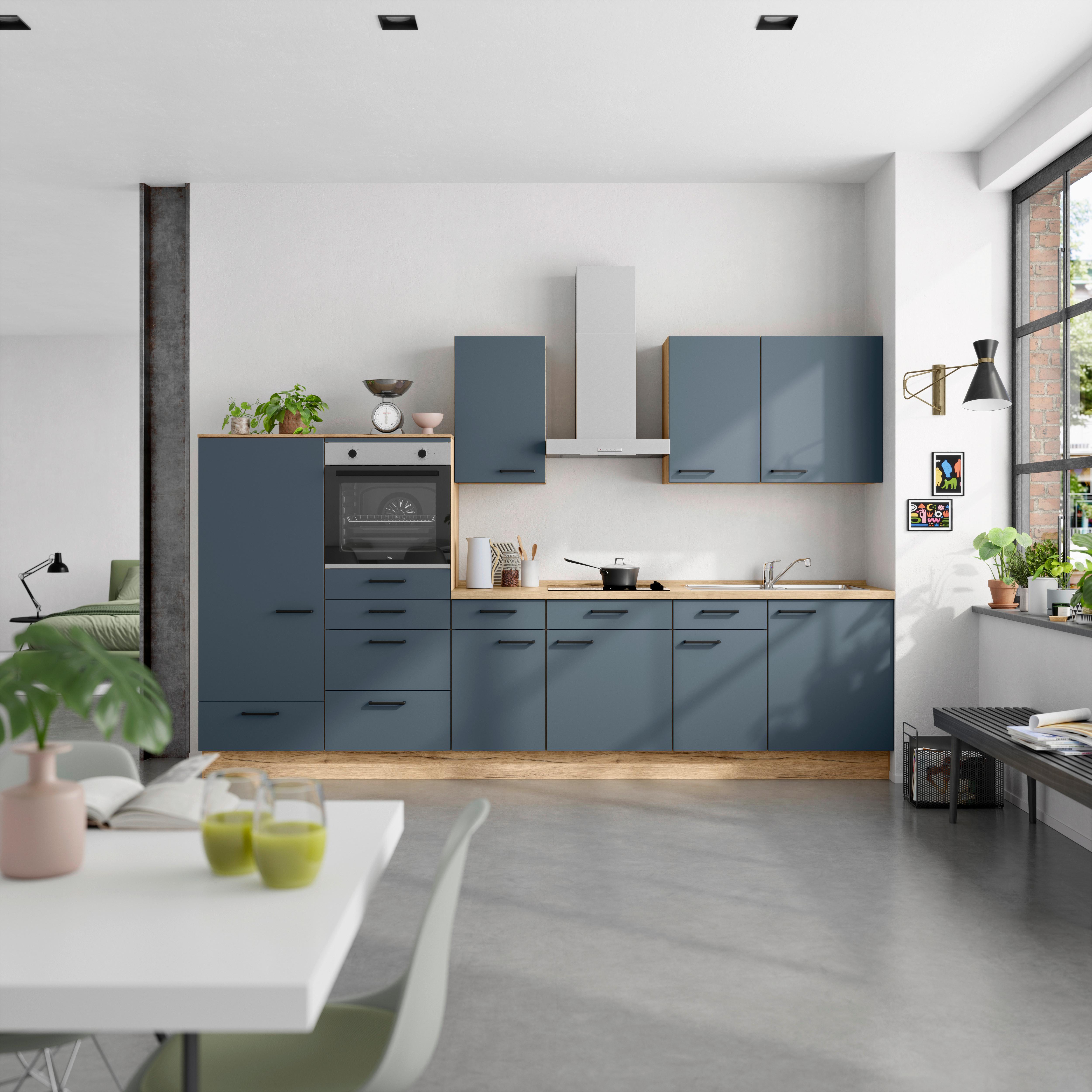 Küchenblock Easytouch Low m. Geräten Blau - Blau/Eichefarben, MODERN, Holzwerkstoff/Metall (330cm) - Nobilia