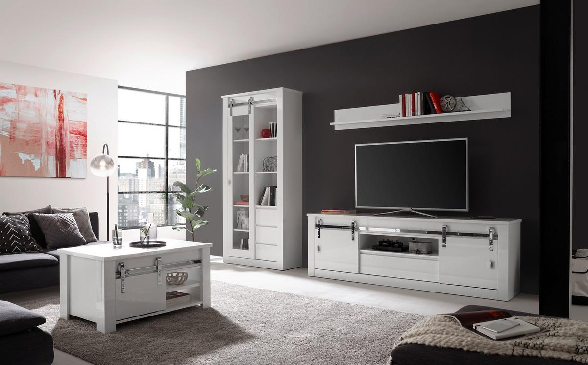 Wohnwand Daytona Weiß - Chromfarben/Weiß Hochglanz, Design, Holzwerkstoff/Metall (309/200/43cm) - Livetastic