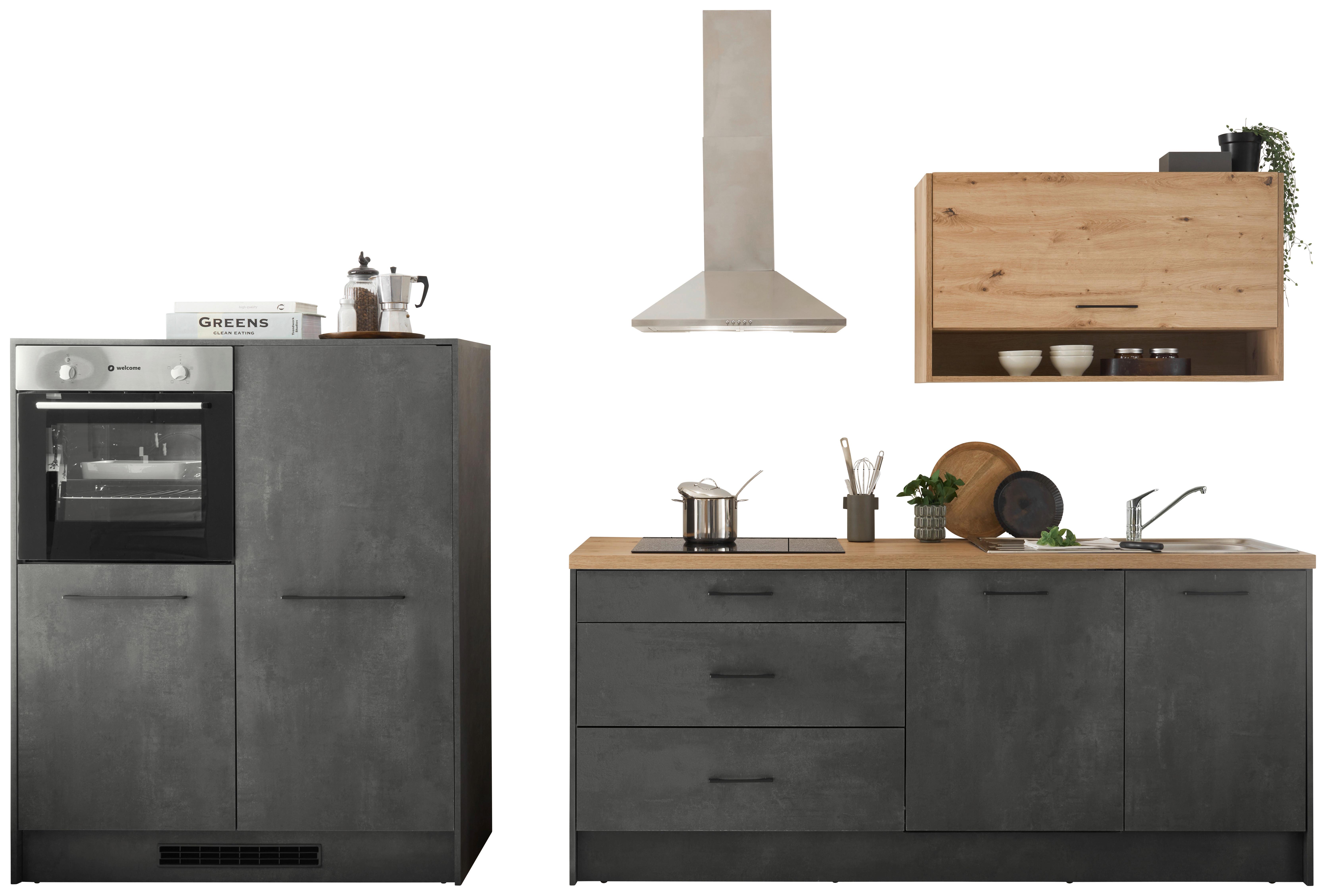 Küchenblock Toronto mit Geräten ca. 203cm Grau/Eiche - Anthrazit/Schwarz, Design, Holzwerkstoff/Metall (203-123cm) - P & B