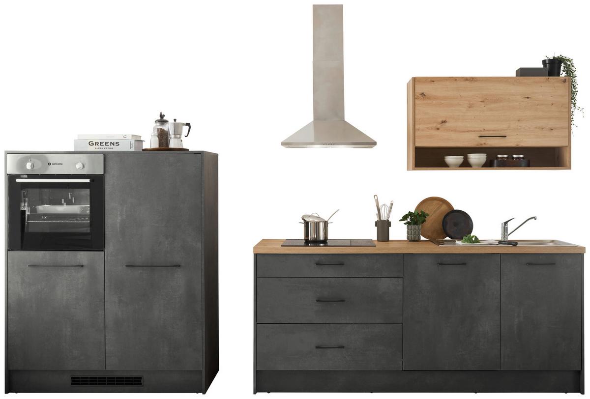 Küchenblock Toronto mit Geräten ca. 203cm Grau/Eiche - Anthrazit/Schwarz, Design, Holzwerkstoff/Metall (203-123cm) - P & B