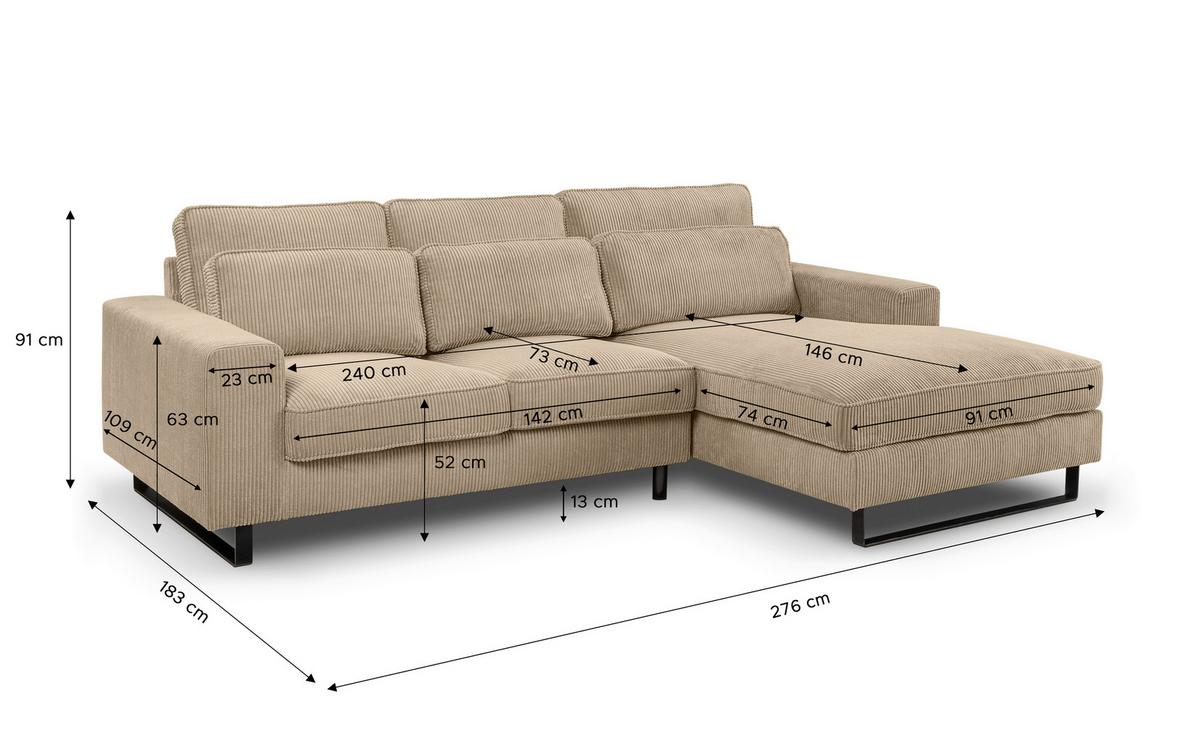 Ecksofa Bolivia Beige Cord - Beige/Schwarz, Basics, Holzwerkstoff/Textil (276/183cm) - MID.YOU