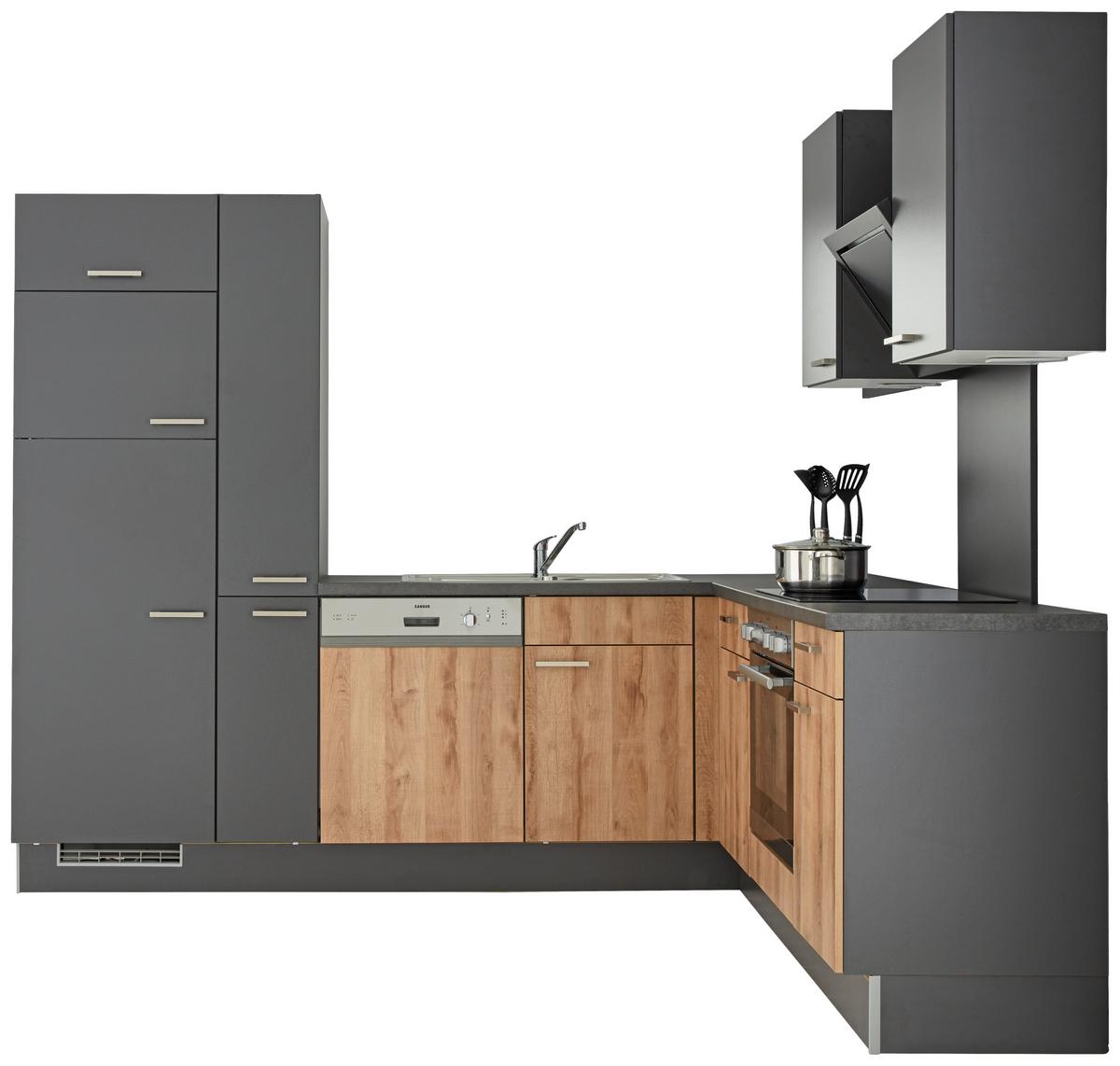 Eckküche inkl. 4 E-Geräte PN100/80 - Eichefarben/Dunkelgrau, MODERN, Holzwerkstoff (265/215cm) - Pino
