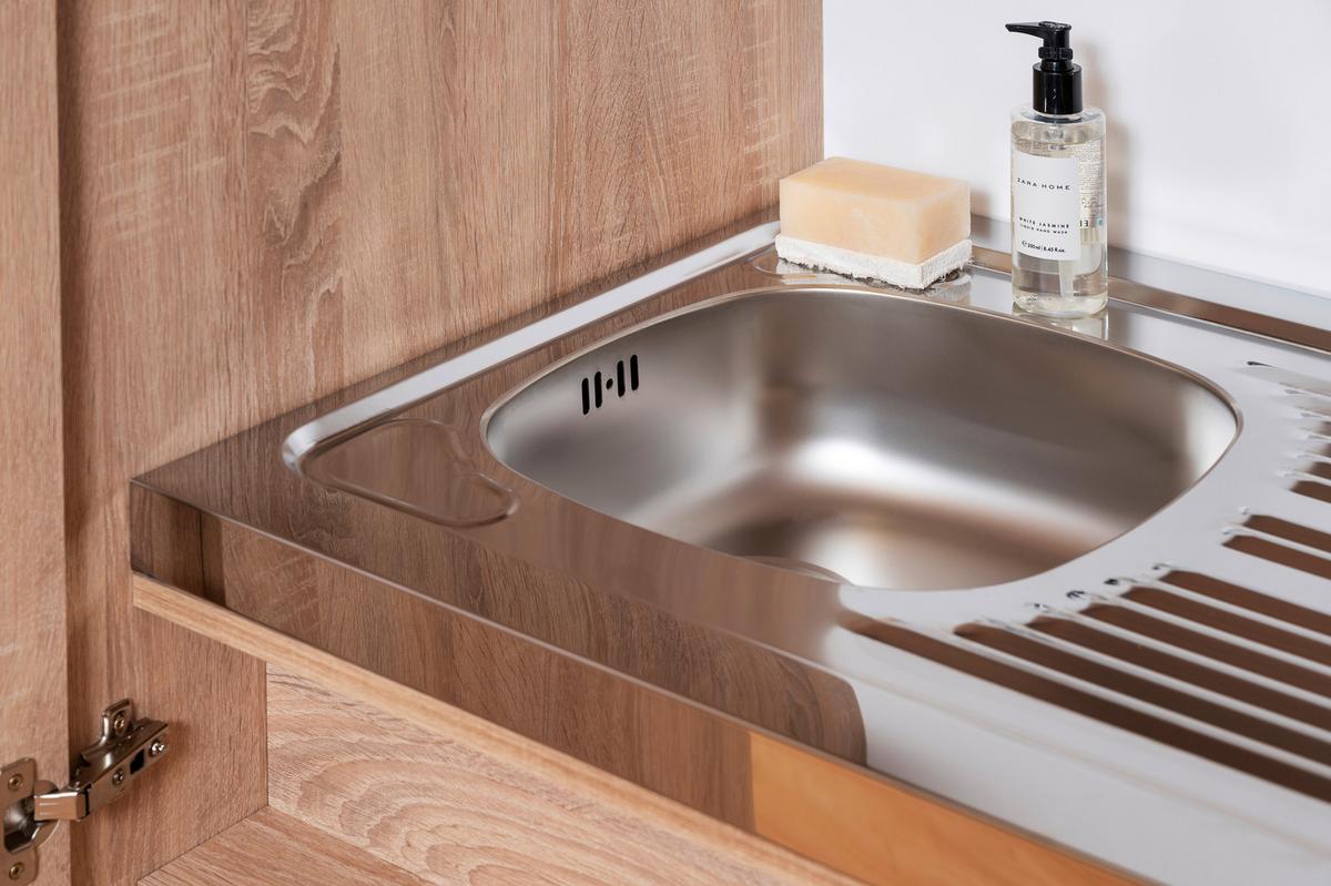 Schrankküche Grau Kühlschrank + Kochfeld B: ca. 104 cm - Edelstahlfarben/Eichefarben, KONVENTIONELL, Holzwerkstoff/Metall (104/193/67cm) - Respekta