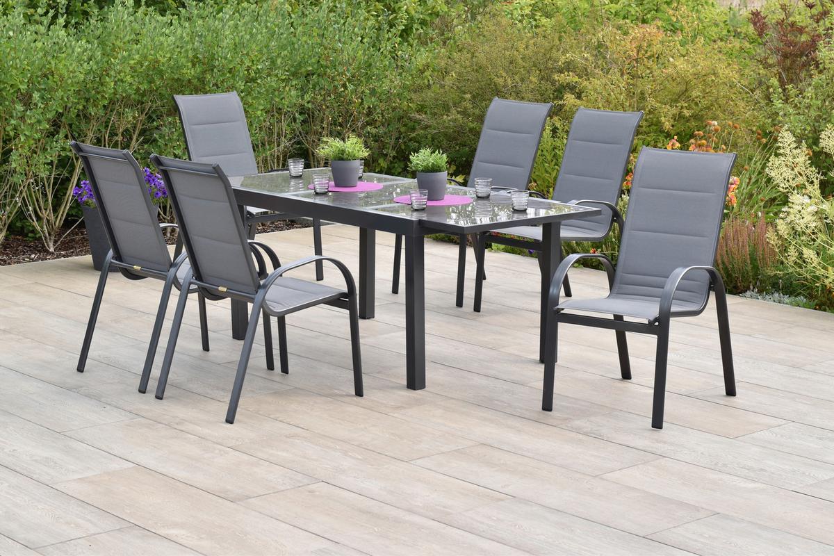 Gartentischgruppe Amalfi 7-tlg. Graphitfarben - Graphitfarben/Braun, KONVENTIONELL, Glas/Textil - Gardenson