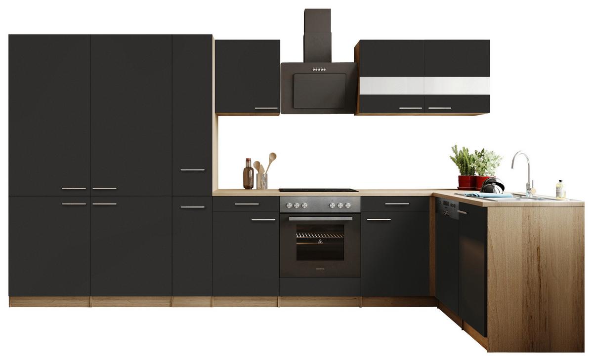 Eckküche Merle m. Geräten ca. 370x172cm Schwarz - Edelstahlfarben/Eichefarben, Trend, Holzwerkstoff/Metall (370/172cm) - Respekta