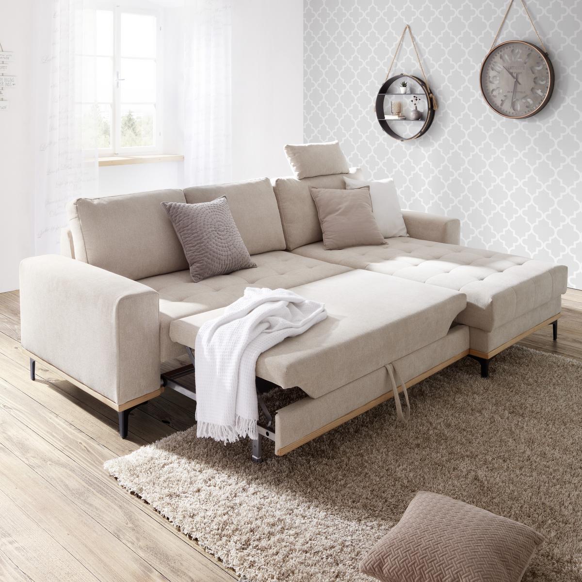 Ecksofa in Beige mit Schlaffunktion - Beige/Schwarz, Konventionell, Textil/Metall (272/87/171cm) - Zandiara