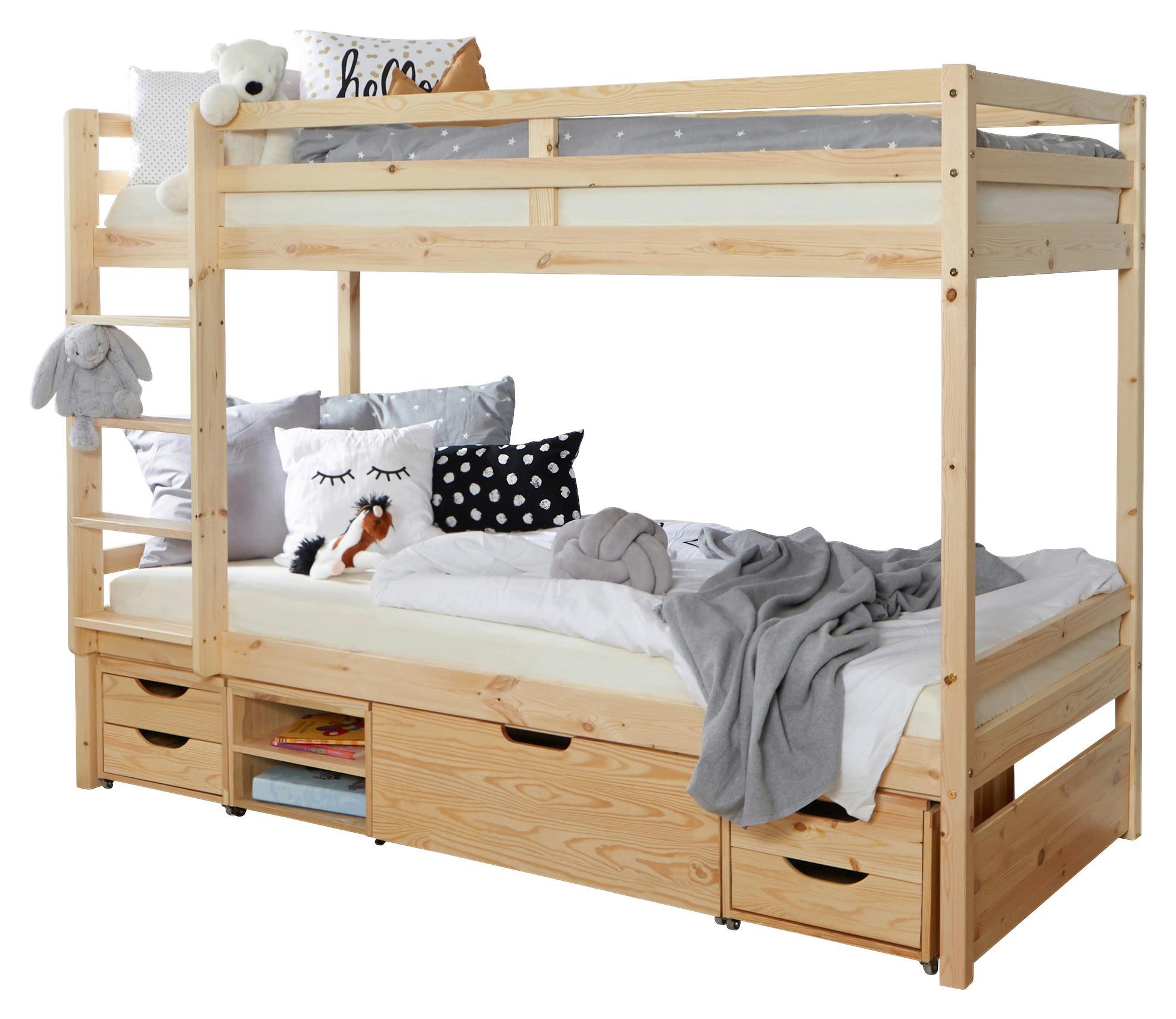 Etagenbett Finn mit 4 Schubkasten ca.90x200cm Kiefer - Weiß/Naturfarben, MODERN, Holz (90/200cm) - MID.YOU