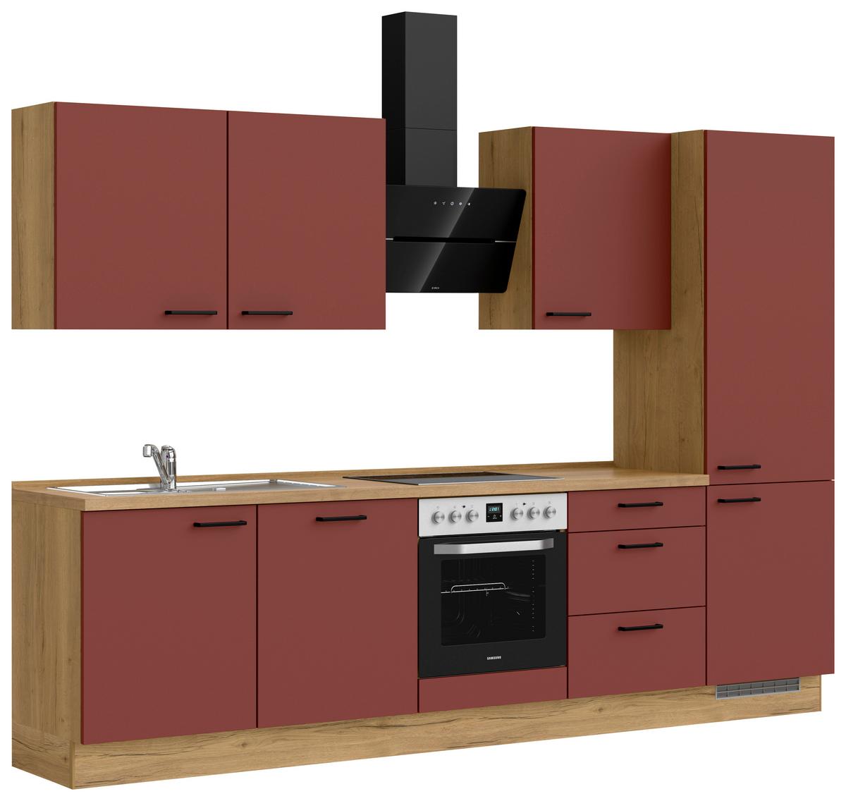 Küchenblock Easytouch High m. Geräten Dunkelrot - Eichefarben/Schwarz, MODERN, Holzwerkstoff/Metall (300cm) - Nobilia