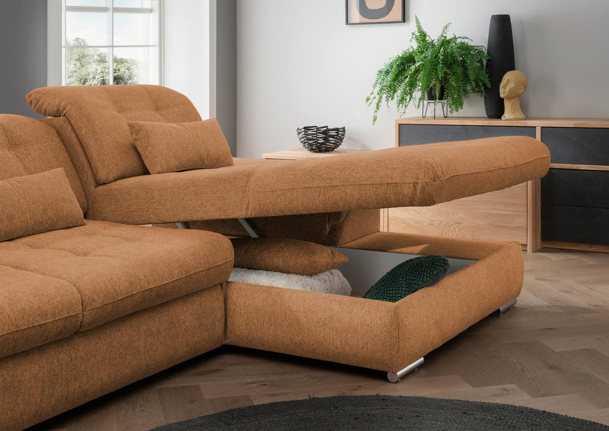 Ecksofa Rigatti mit Bettkasten ca. 314x184 cm Currygelb - Currygelb/Chromfarben, MODERN, Textil/Metall (314/184cm) - Livetastic