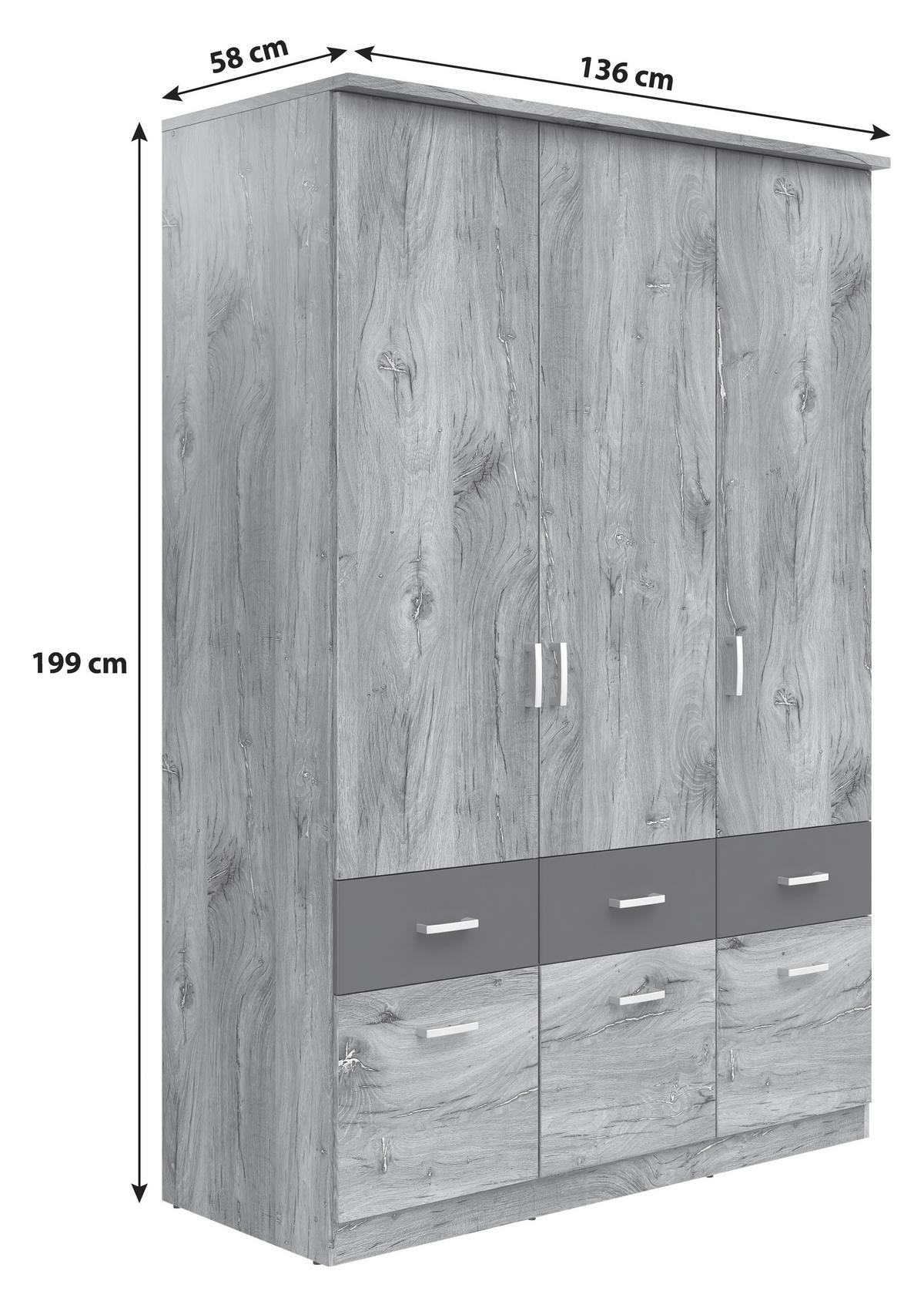 Dulap BRANDO 3 - culoare lemn stejar/grafit, Konventionell, material pe bază de lemn (136/199/58cm)