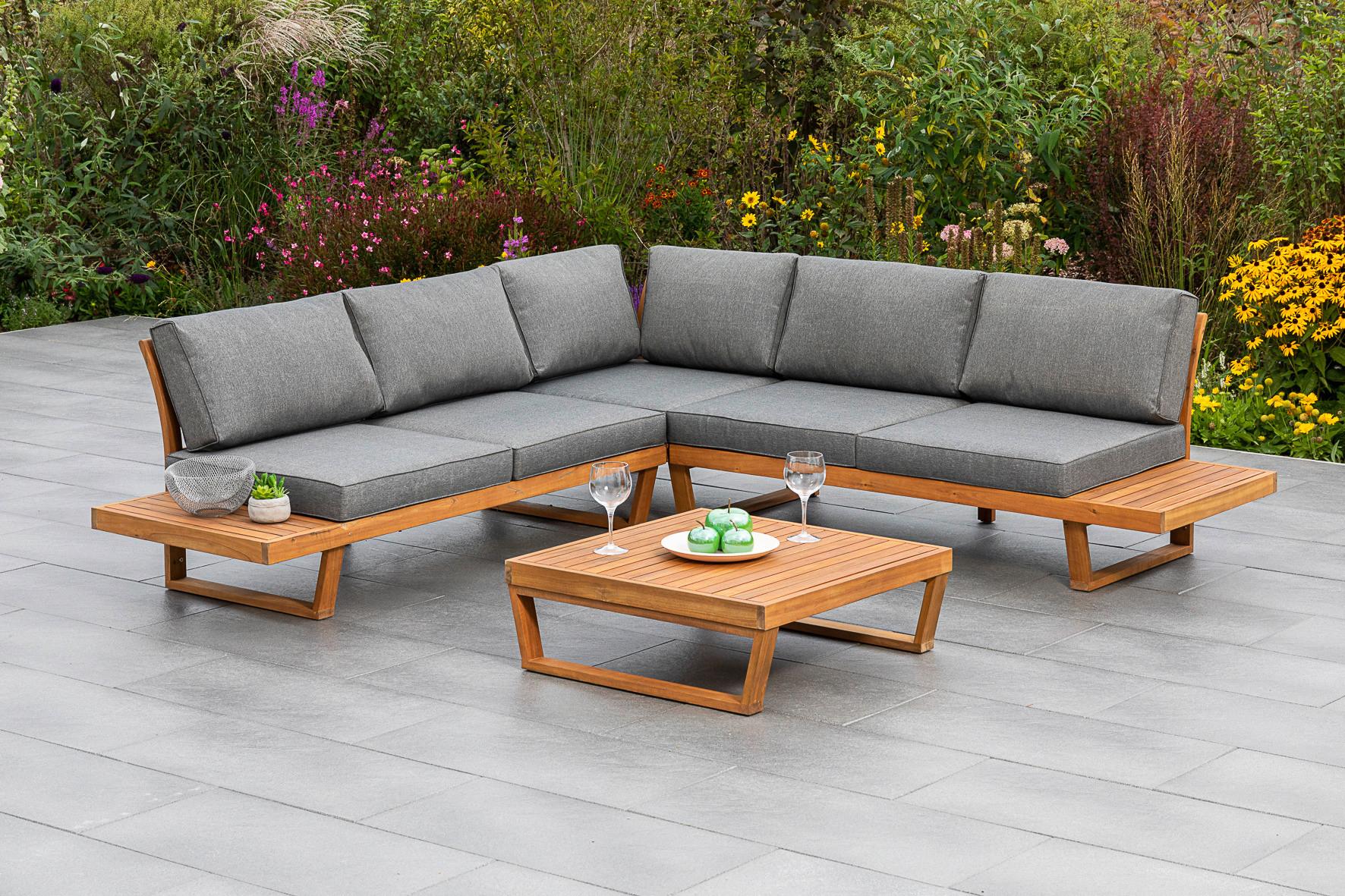 Loungegarnitur Valparaiso Akazie massiv - Naturfarben/Grau, MODERN, Holz/Textil (241/245cm) - Gardenson