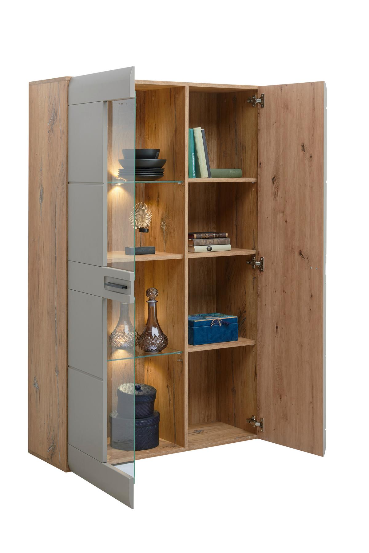 Vitrina Auris, Siva, Barva Hrasta - siva, Moderno, umetna masa/steklo (95/154,4/37,1cm) - Mömax