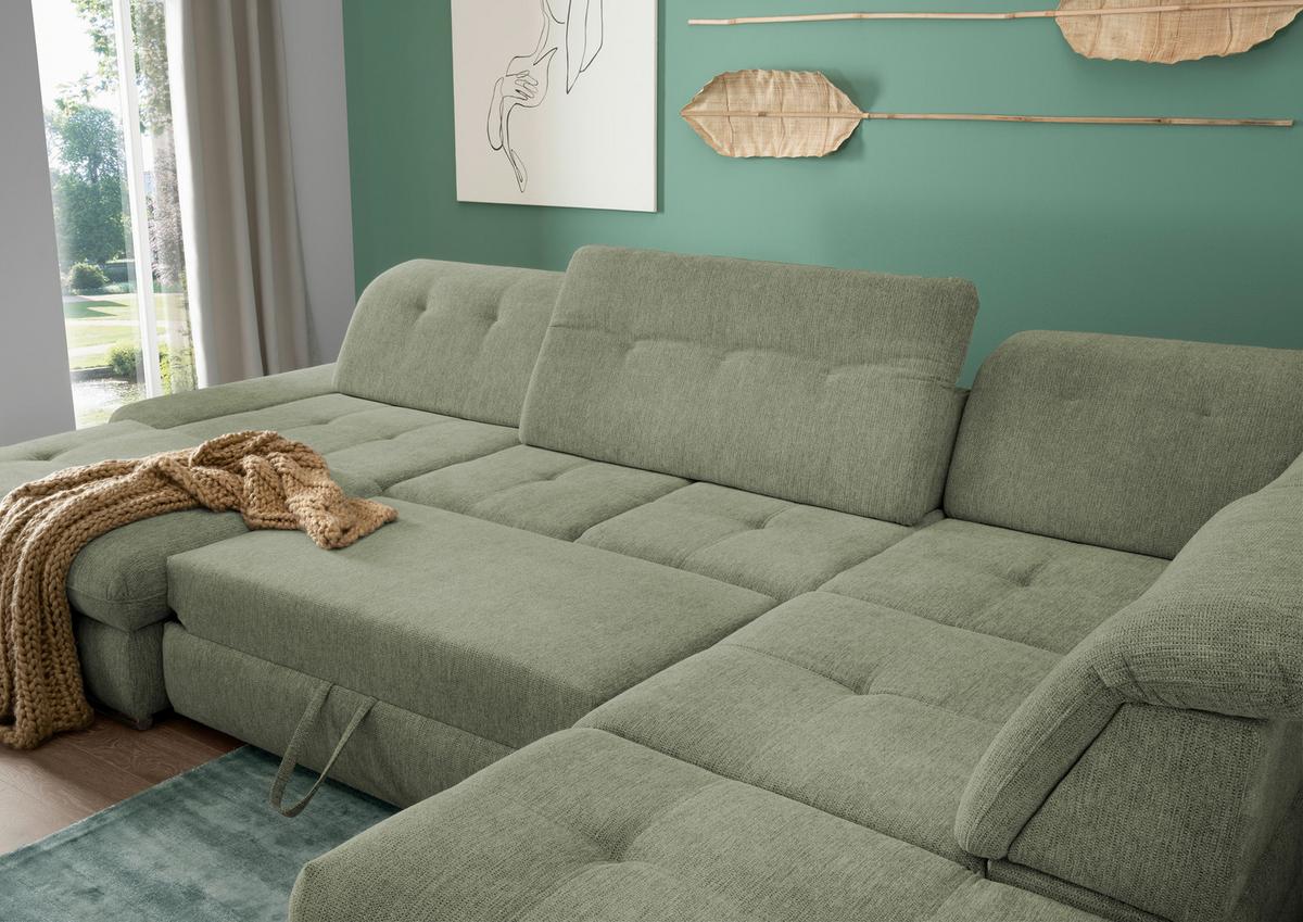 Wohnlandschaft Dalida Grün Chenille - Chromfarben/Grün, Design, Textil/Metall (195/376/254cm) - Livetastic