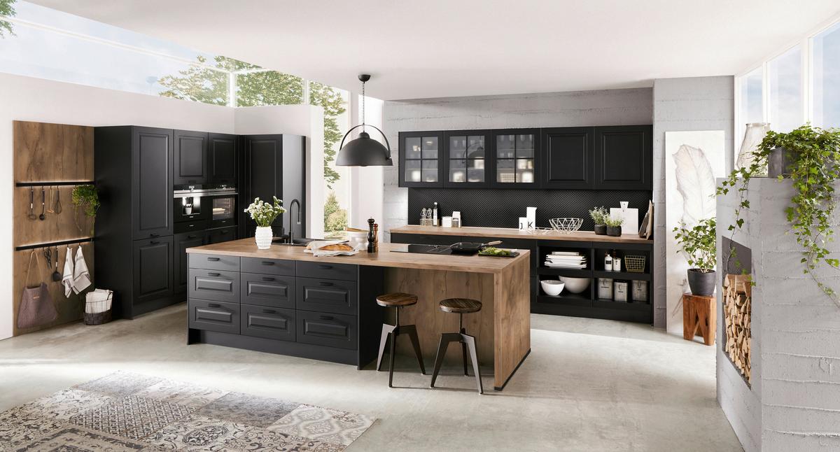 Einbauküche Sylt in Schwarz - Schwarz, ROMANTIK / LANDHAUS, Holzwerkstoff - Nobilia