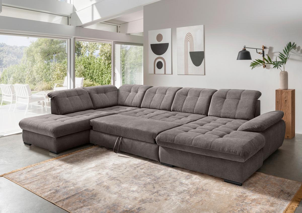 Wohnlandschaft Rigatti Grau- Braun Chenille mit Bettkasten - Graubraun/Schwarz, MODERN, Textil/Metall (252/387/184cm) - Livetastic