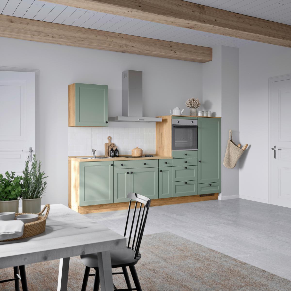 Küchenleerblock Cascada Low o. Geräte Grün - Eichefarben/Schwarz, MODERN, Holzwerkstoff/Metall (300cm) - Nobilia