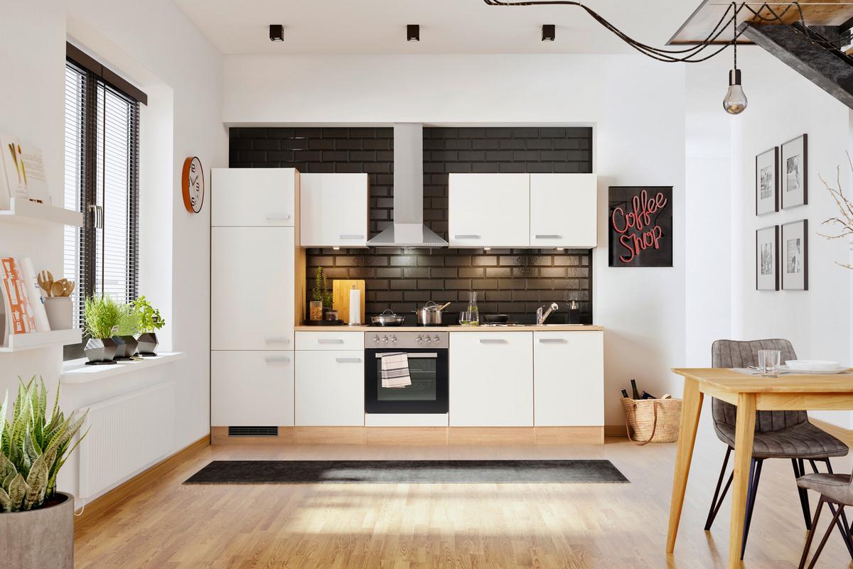 Küchenblock inkl. 5 E-Geräte Lexa Weiß/Sonoma Eiche - Edelstahlfarben/Weiß, MODERN, Holzwerkstoff/Kunststoff (280/200/60cm) - Based