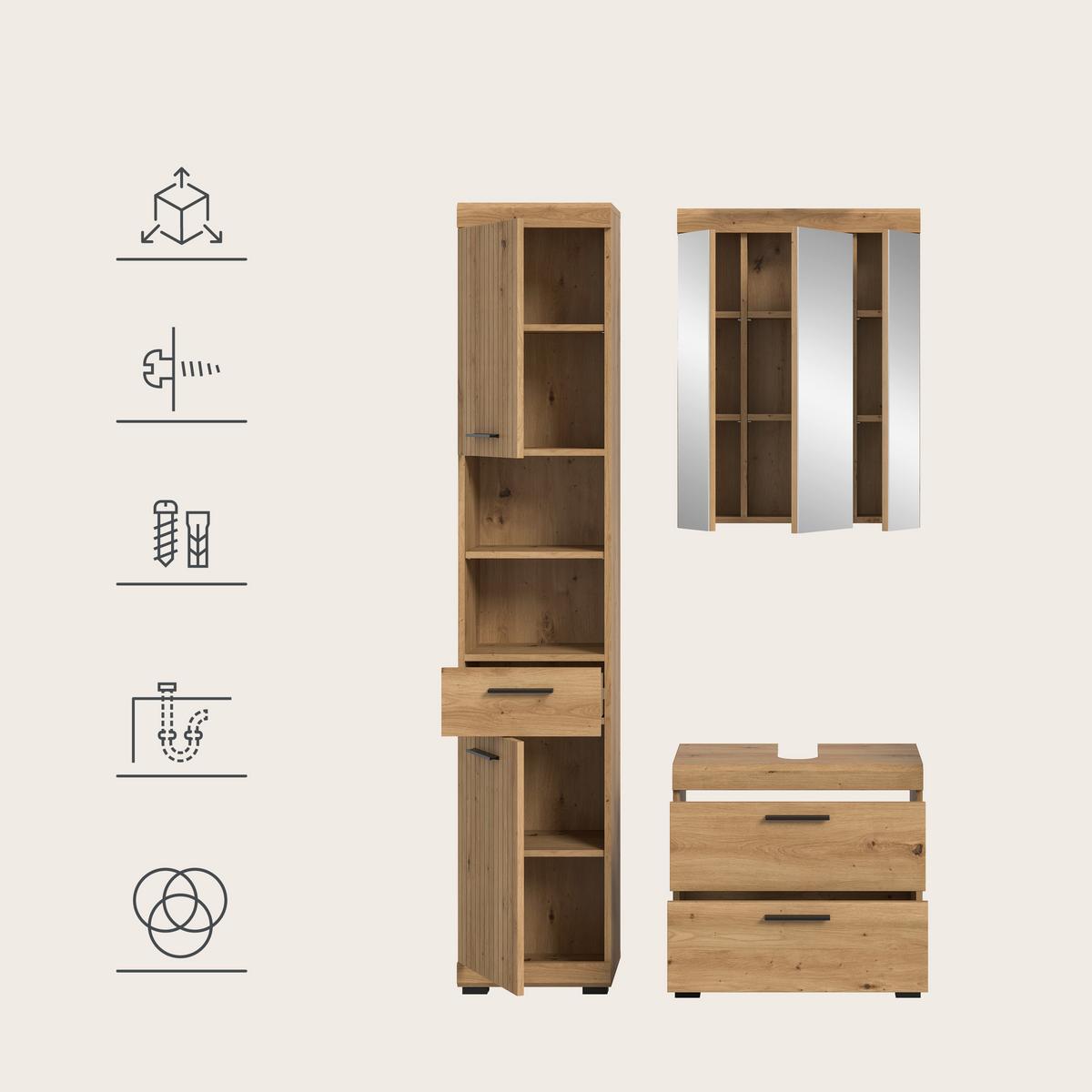 Badezimmer Scout Eiche Artisan 3-teilig - Schwarz/Eiche Artisan, Trend, Glas/Holzwerkstoff (97cm) - MID.YOU
