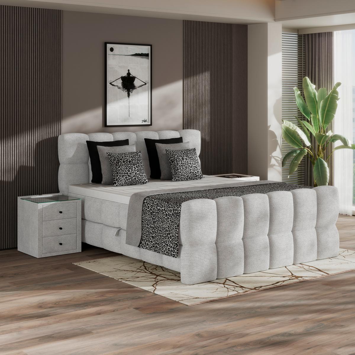 Postelja Boxspring Brisbane, Sivobela, 180x200 - črna/sivobela, Trend, umetna masa/tekstil (180/200cm) - Premium Living