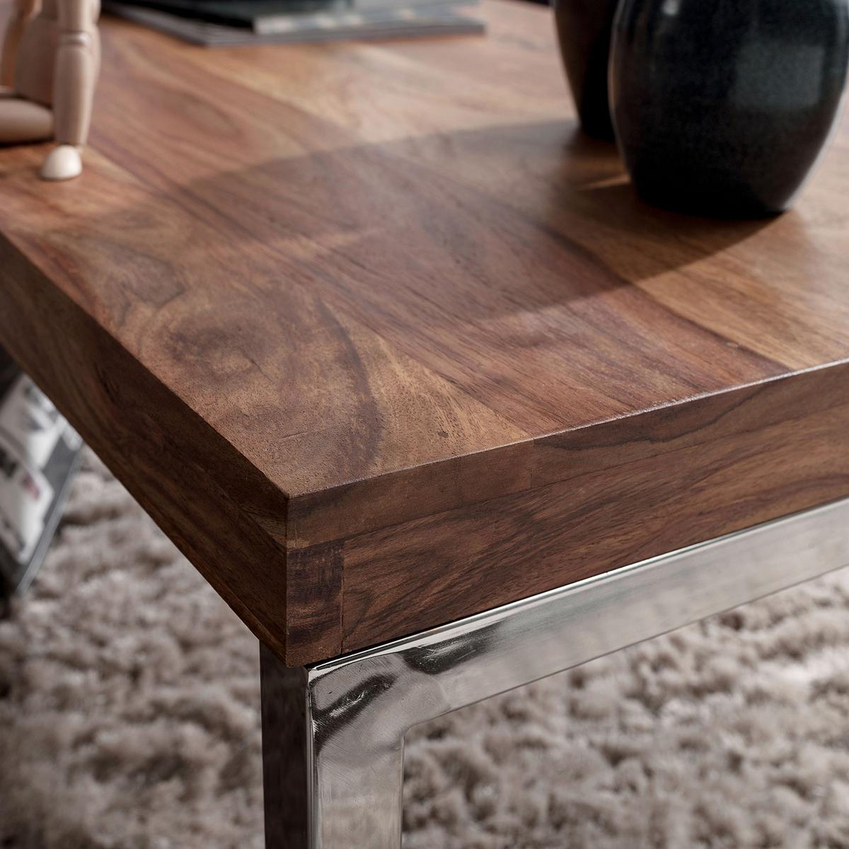 Couchtisch "Guna" ca. 120x60 cm, aus Sheesham - Chromfarben/Sheeshamfarben, Design, Holz/Metall (120/60/40cm) - MID.YOU