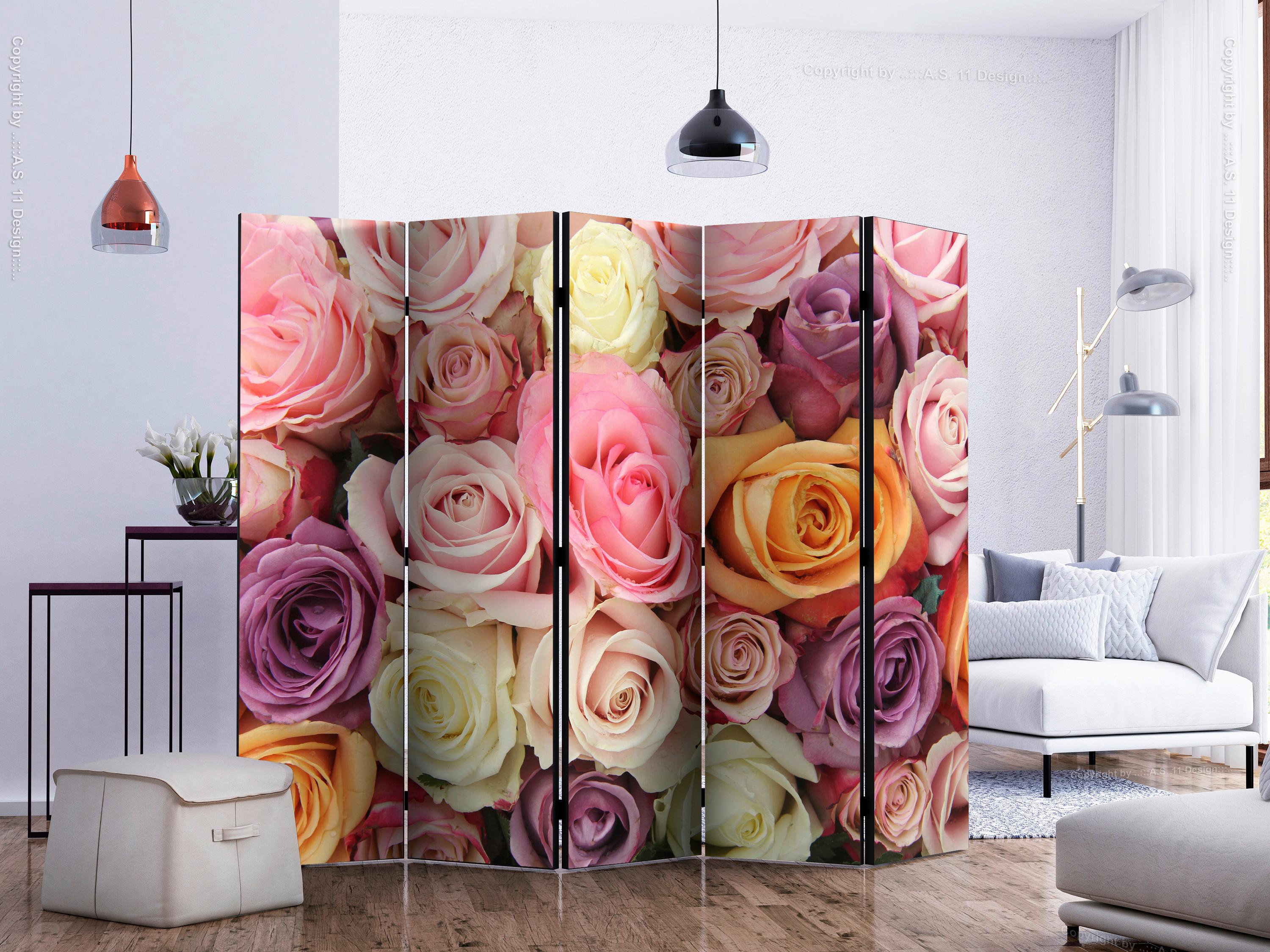 Paravan Pastel Roses Ii, 5-Delni, Dvostranski - vijolična/svetlo roza, Basics, tekstil/les (225/172/3cm) - artgeist