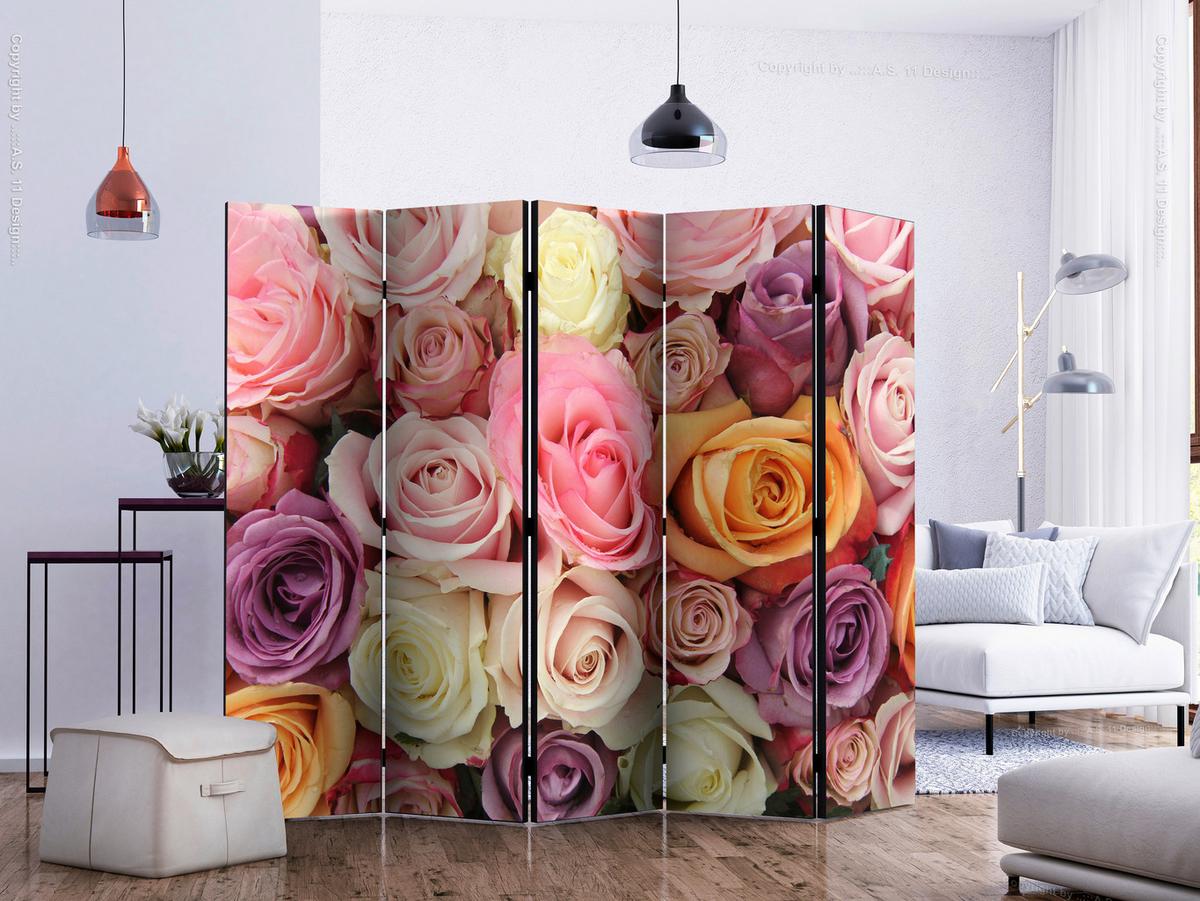 Paravan Pastel Roses Ii, 5-Delni, Dvostranski - vijolična/svetlo roza, Basics, tekstil/les (225/172/3cm) - artgeist