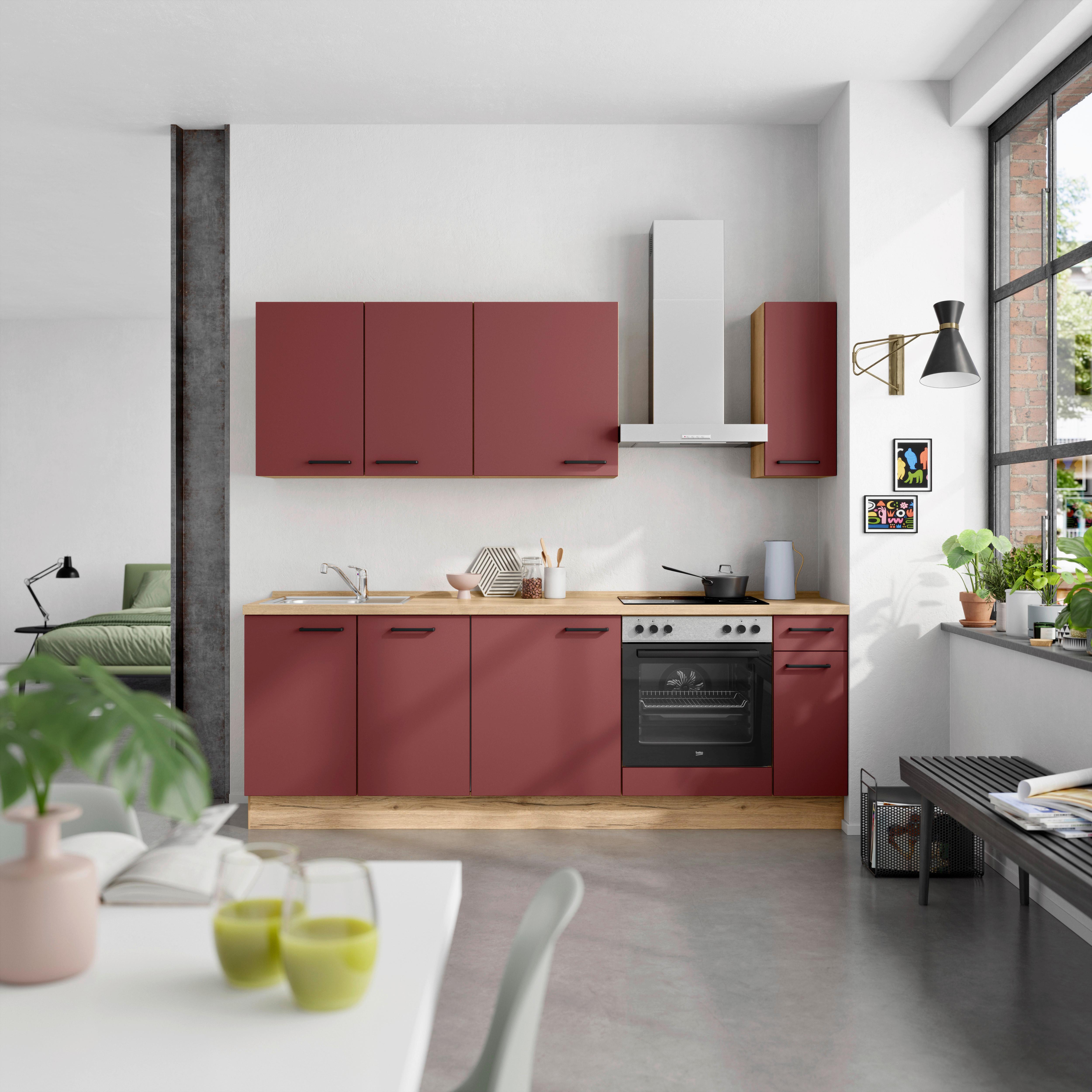 Küchenblock Easytouch Low m. Geräten Dunkelrot - Eichefarben/Schwarz, MODERN, Holzwerkstoff/Metall (240cm) - Nobilia
