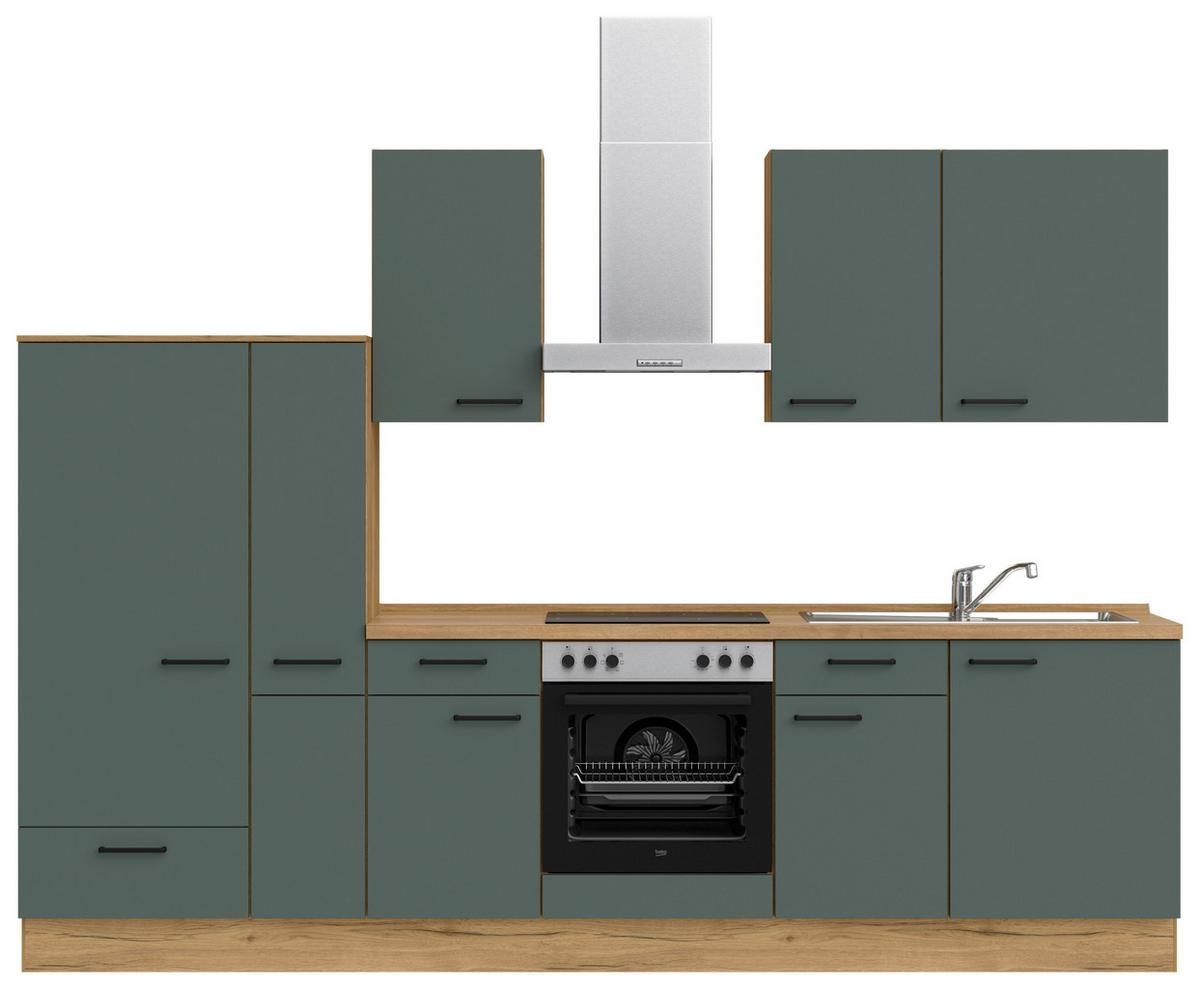Küchenblock Easytouch m. Geräten Dunkelgrün - Dunkelgrün/Eichefarben, MODERN, Holzwerkstoff/Metall (300cm) - Nobilia