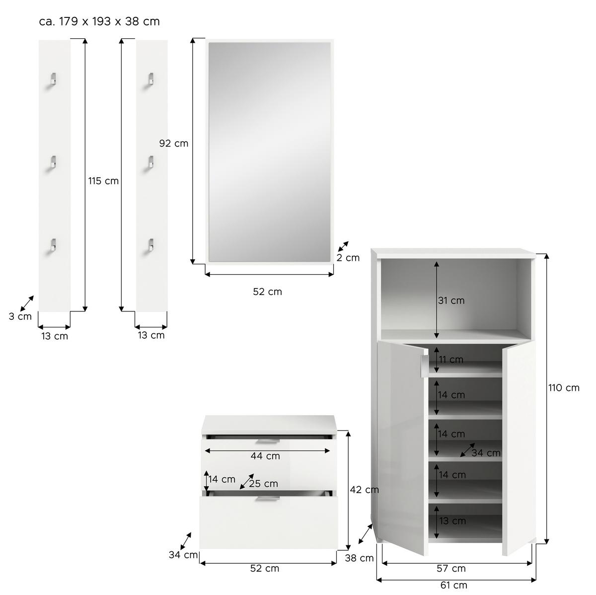 Garderobe Projekt X 5-tlg. Weiß - Weiß Hochglanz/Weiß, Design, Holzwerkstoff (179/193/37cm) - Livetastic