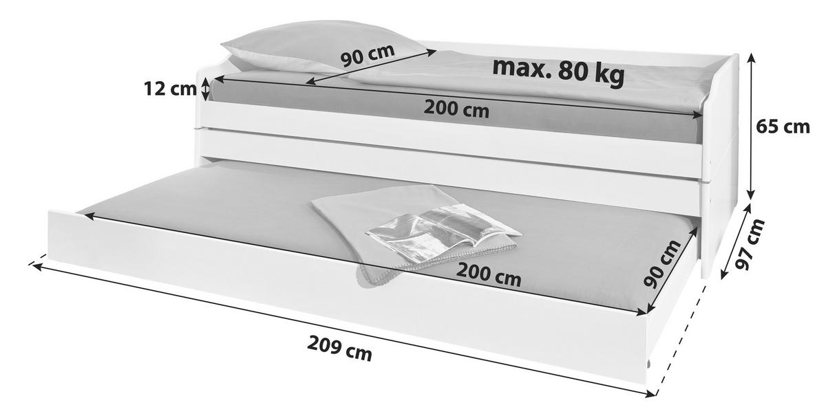 Mladinska Raztegljiva Postelja Lotar, Bela, 90-180x200 - bela/naravne barve, Konvencionalno, les (90/200cm) - MID.YOU