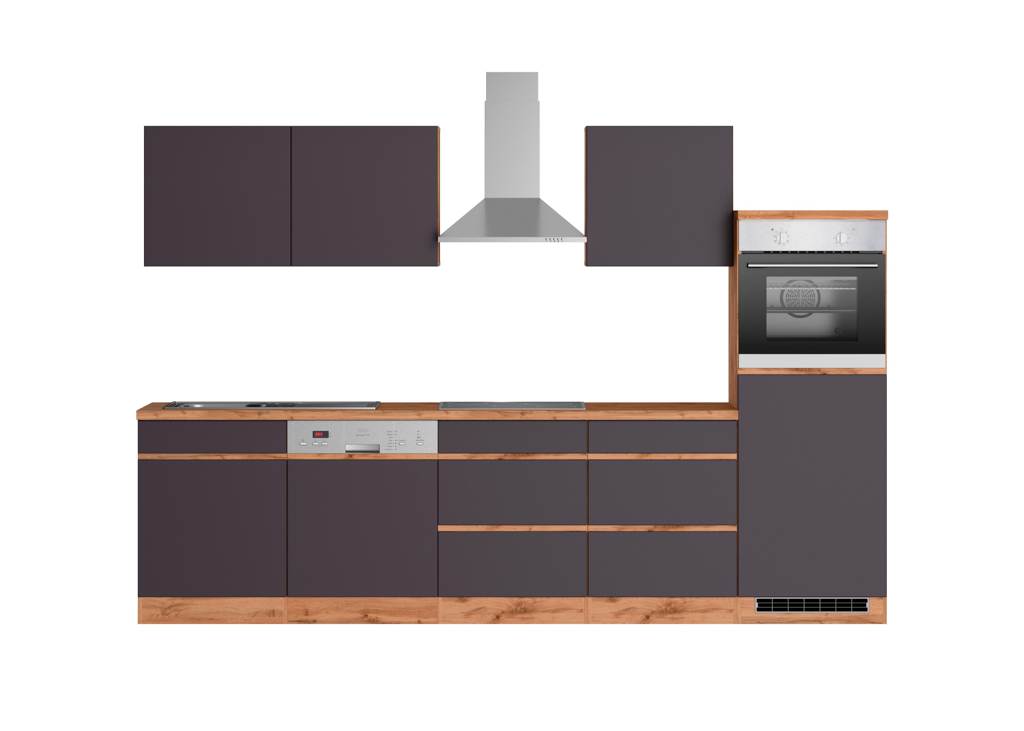 Küchenzeile Turin mit Geräten ca. 300 cm Grau/Eiche - Eiche Wotan/Grau, Design, Holzwerkstoff (300cm) - Held