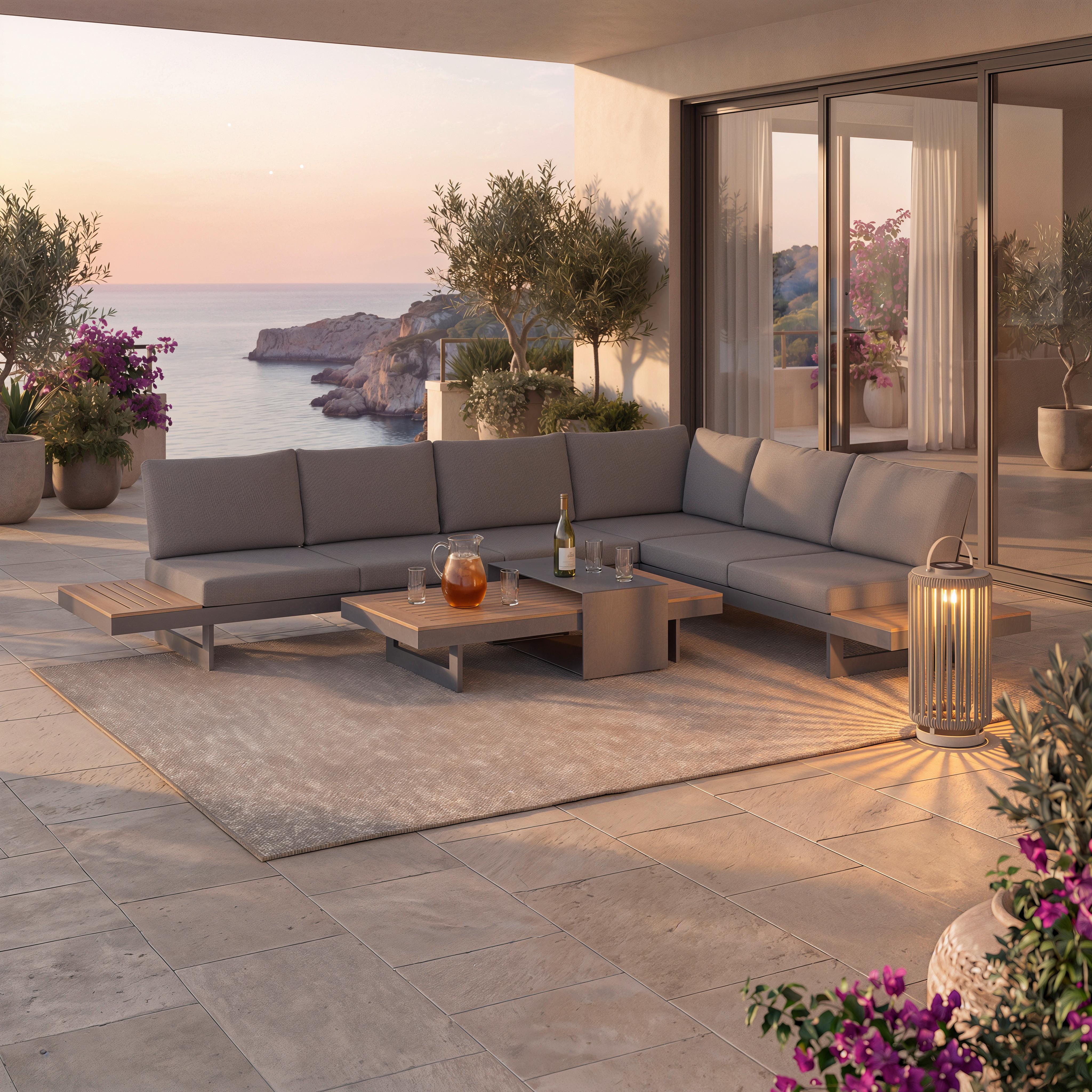 Loungegarnitur Sabrina Grau Metall/Outdoorstoff - Dunkelgrau/Naturfarben, MODERN, Kunststoff/Textil (323/79/253cm) - Bessagi Garden