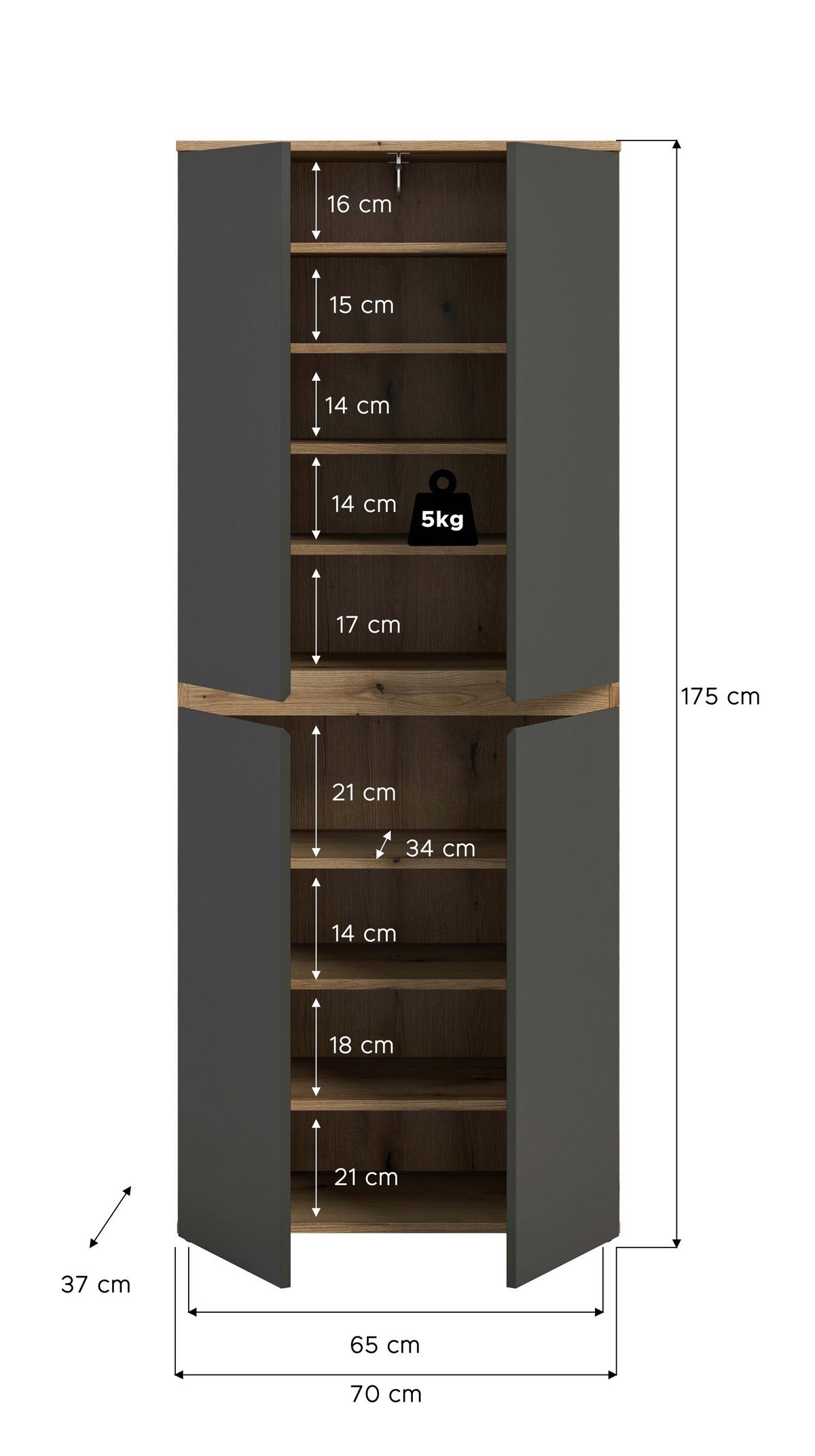 Garderobenschrank Scarpa Anthrazit/Eiche - Eichefarben/Anthrazit, Design, Holzwerkstoff/Kunststoff (70/175/37cm) - Livetastic