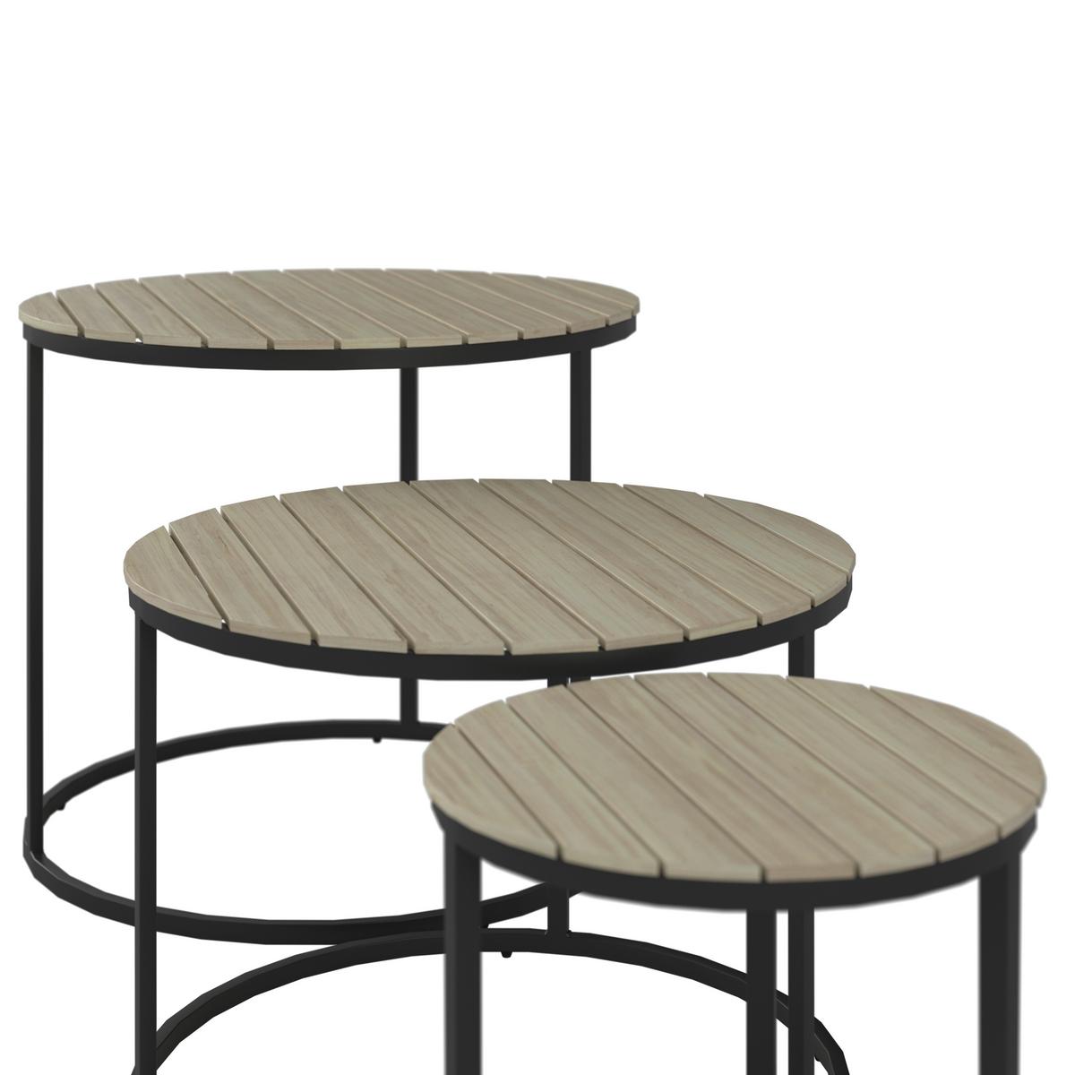 OGRODOWY STOLIK BOCZNY-ZESTAW SALERNO - kolor akacjowy/czarny, Modern, metal/drewno (76/56/36/50/45/40/76/56/36cm) - Ambia Garden