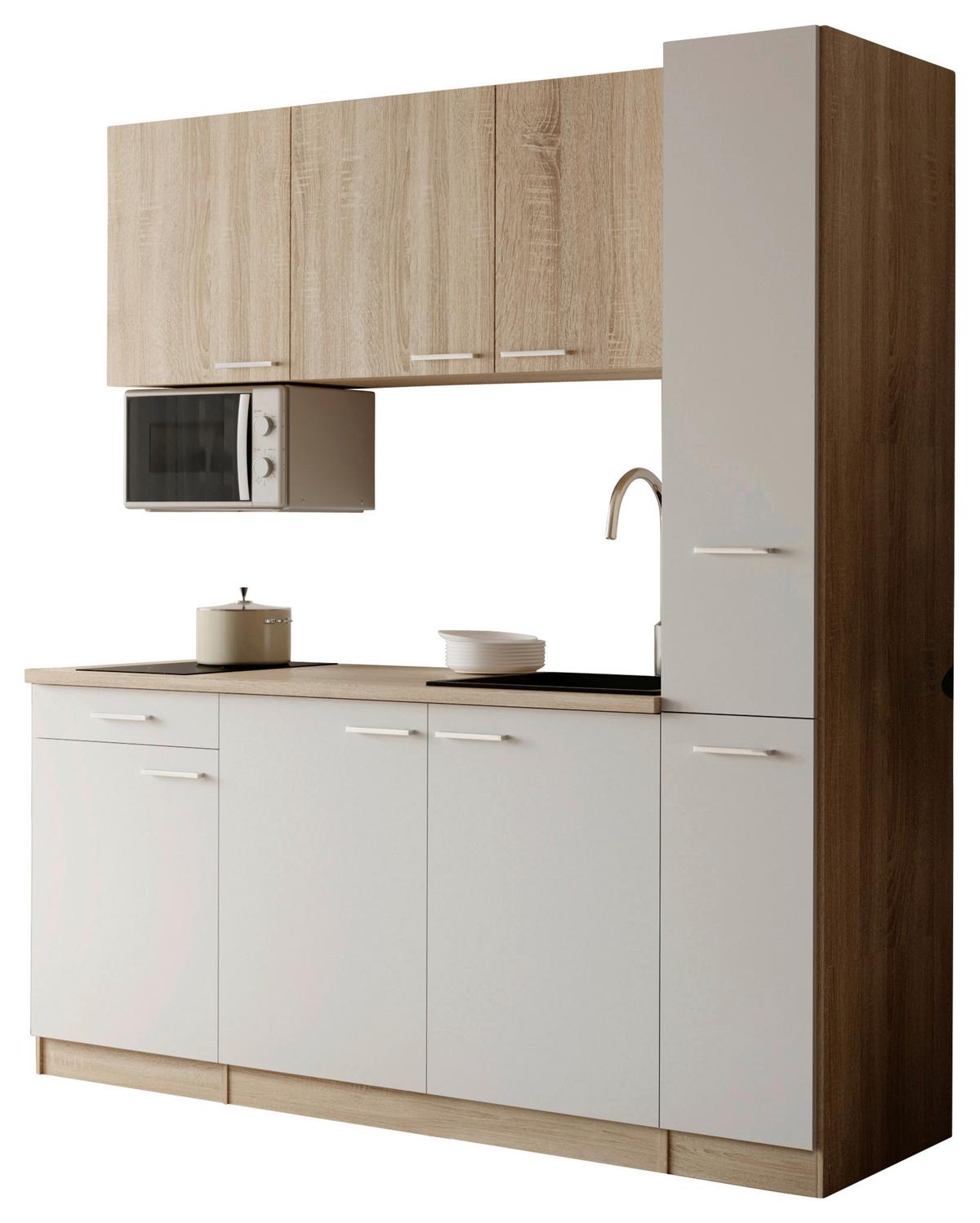 Küchenblock Ingrid m. Geräten Weiß - Eichefarben/Alufarben, Design, Holzwerkstoff/Kunststoff (180cm) - Respekta