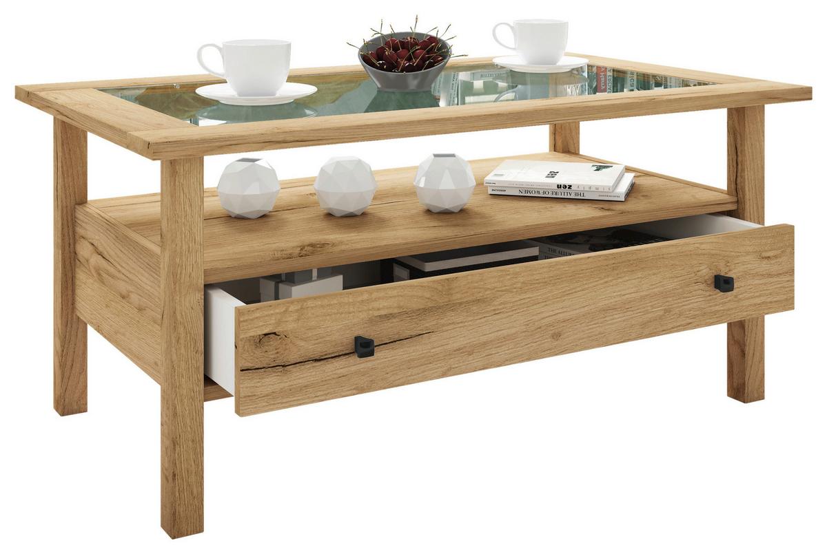 COUCHTISCH LINGIS L - Honigeiche/Schwarz, Lifestyle, Glas/Holzwerkstoff (90/42/54cm) - MID.YOU