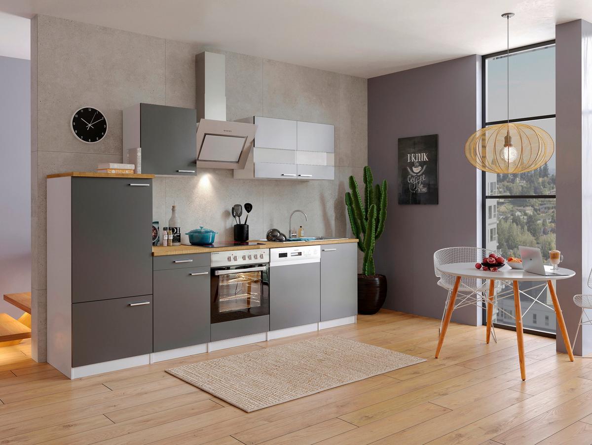 Küchenzeile Economy m. Geräten Grau/Nussbaum B: ca. 280 cm - Edelstahlfarben/Nussbaumfarben, Basics, Holzwerkstoff/Metall (280cm) - Respekta