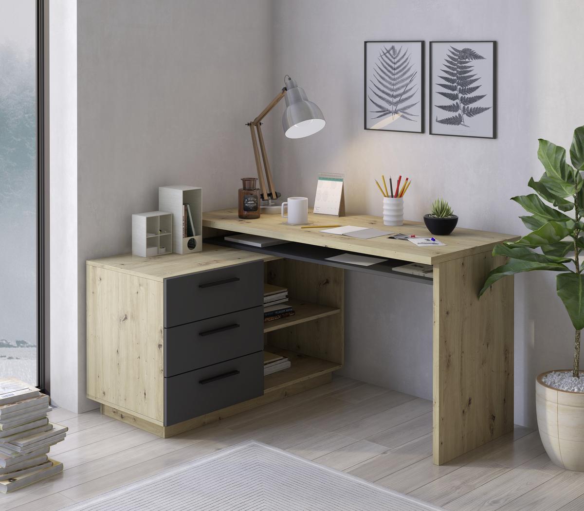 BIURKO ZESTAW GHIA - antracytowy/dąb artisan, Konventionell, materiał drewnopochodny (138/105/75cm) - Xora