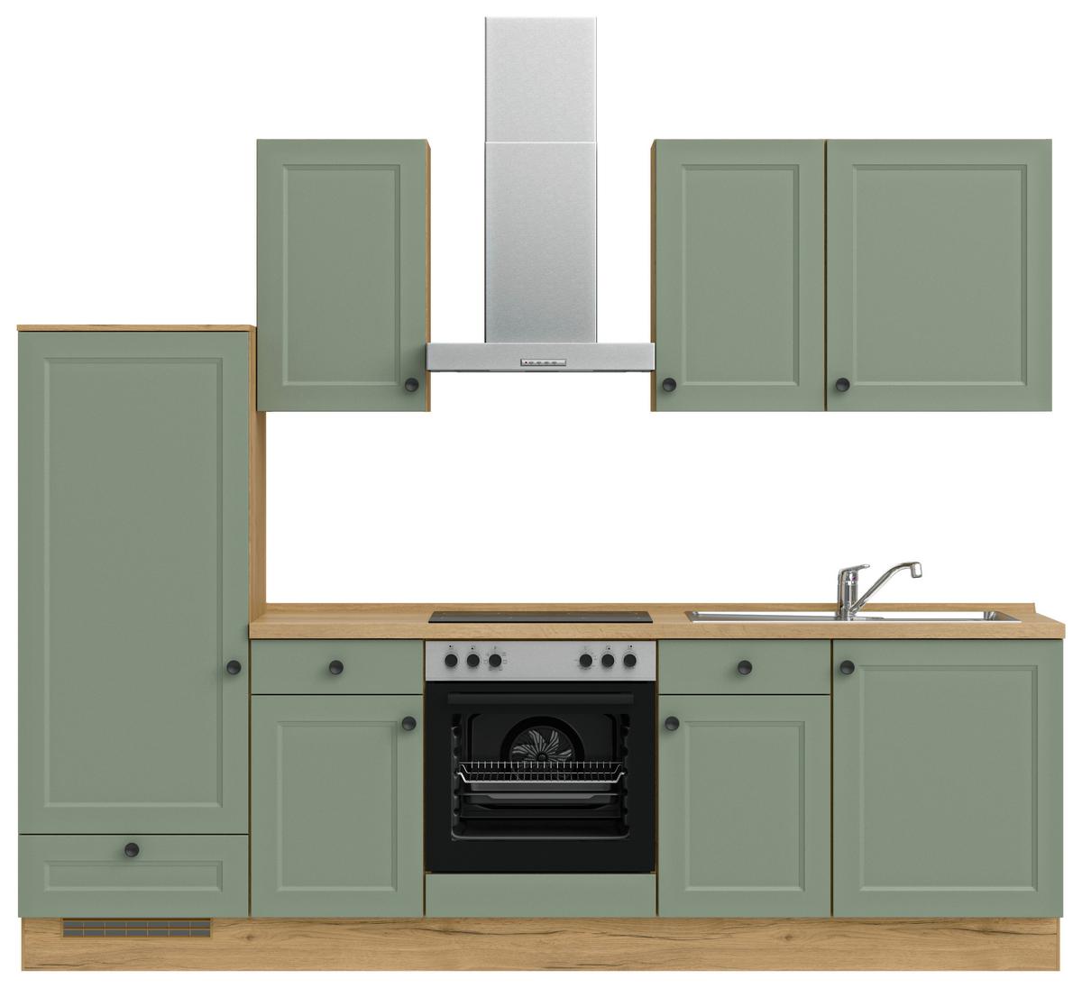 Küchenblock Cascada Low m. Geräten Schilfgrün - Schilfgrün/Eichefarben, MODERN, Holzwerkstoff/Metall (270cm) - Nobilia