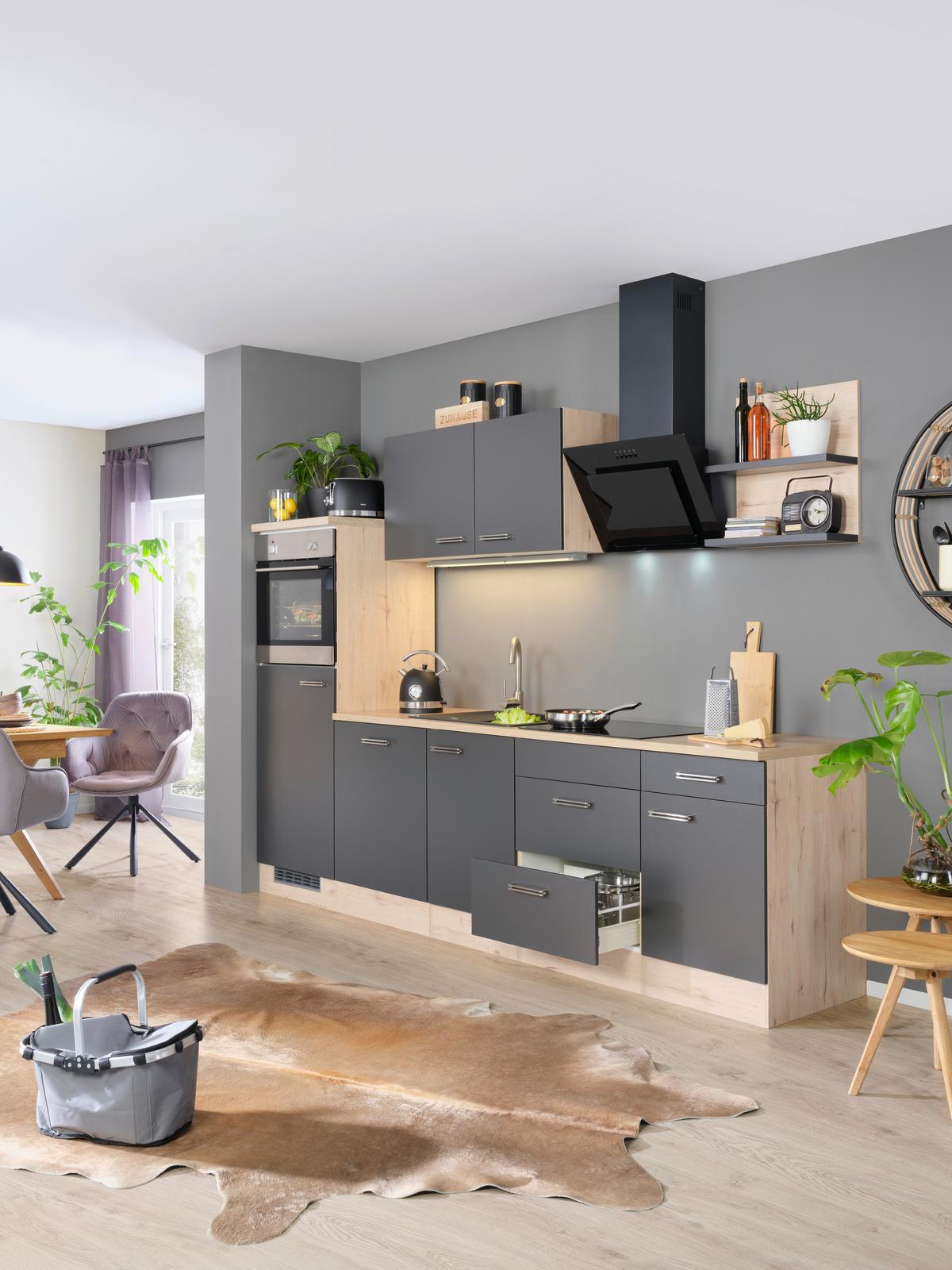 Küchenblock inkl. 5 E-Geräte Milano Anthrazit/Eiche - Eichefarben/Dunkelgrau, MODERN, Holzwerkstoff (280cm) - FlexWell