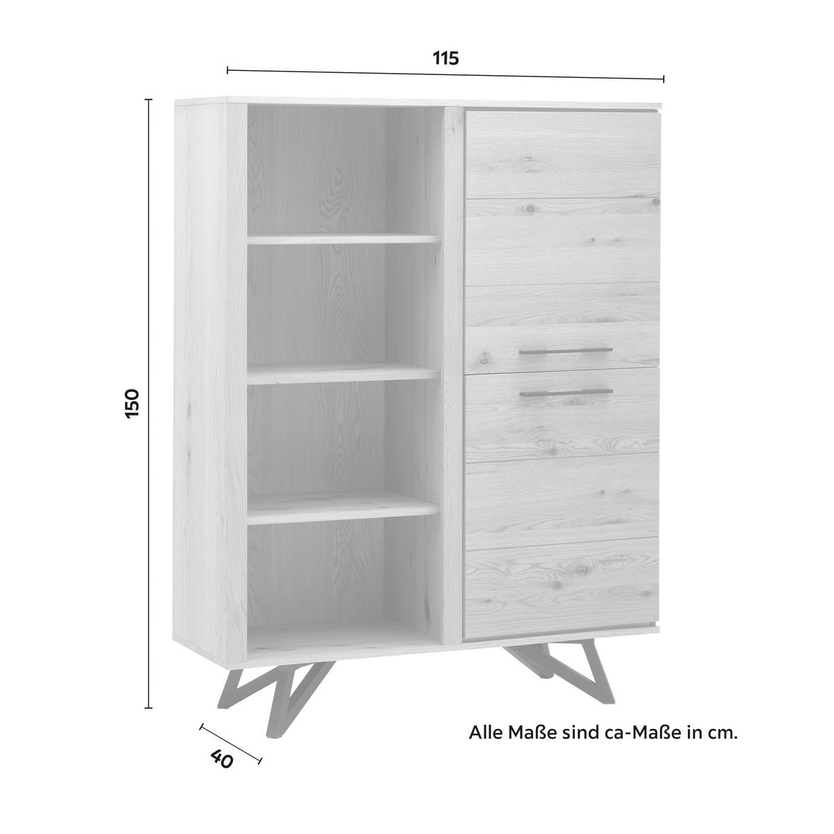 Highboard "Emilio", aus Eiche - Eichefarben/Schwarz, Modern, Holz/Metall (115/150/40cm) - Bessagi Home