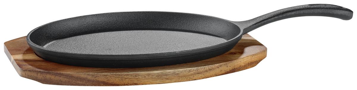 Patelnia żeliwna STEAKY z deską o serwowania - kolor naturalny/czarny, Konventionell, metal/drewno (37,5/18,5/3,5cm) - Mömax