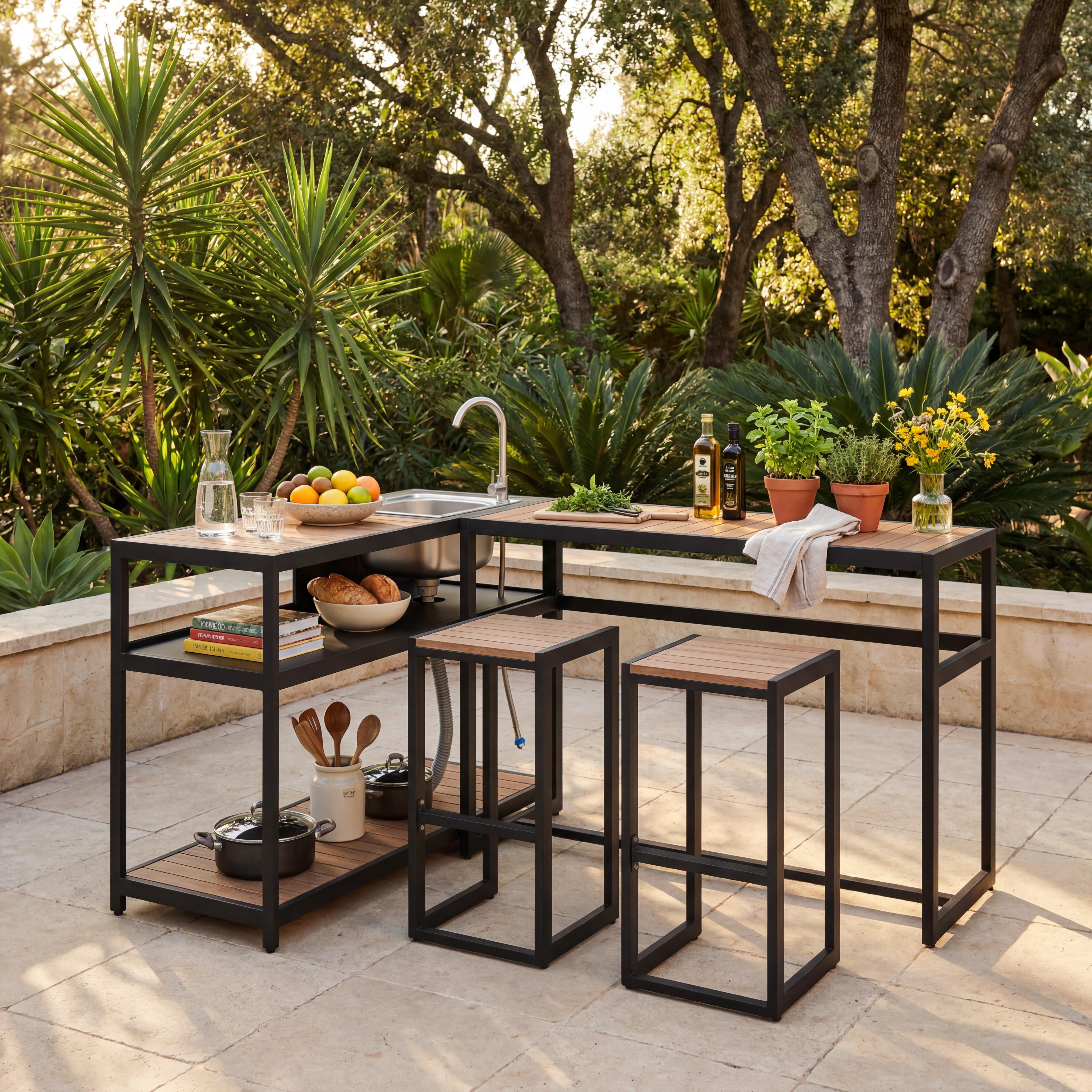 Outdoorküche Delia Schwarz /Naturfarben inkl. Abdeckung - Schwarz/Naturfarben, MODERN, Kunststoff/Metall - Bessagi Garden