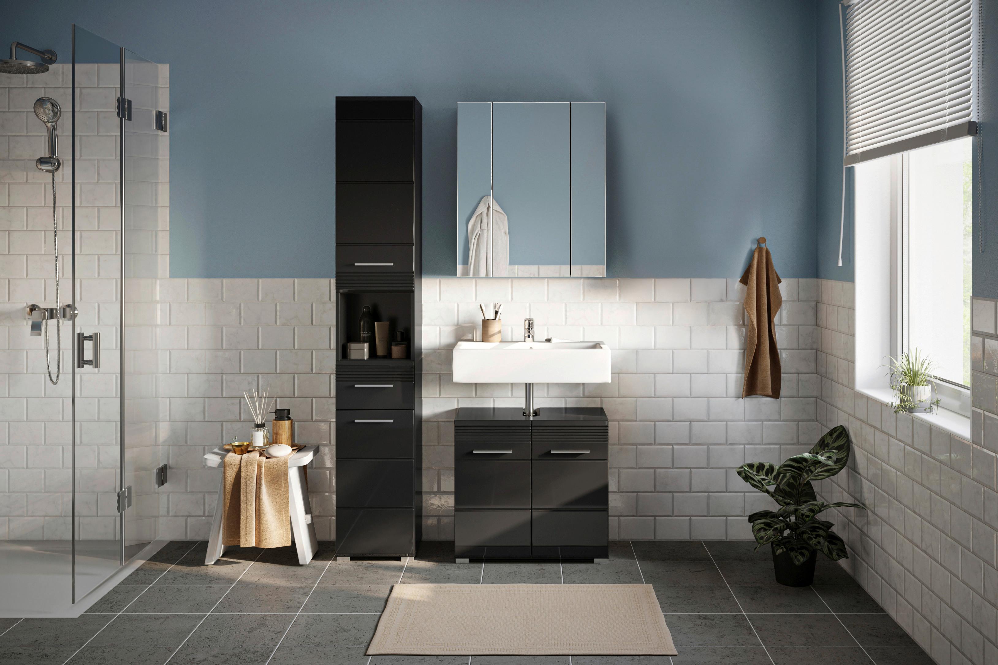 Badezimmer Linus 3-tlg. ca. 90 cm Schwarz - Schwarz Hochglanz/Silberfarben, MODERN, Holzwerkstoff/Kunststoff (90cm) - MID.YOU