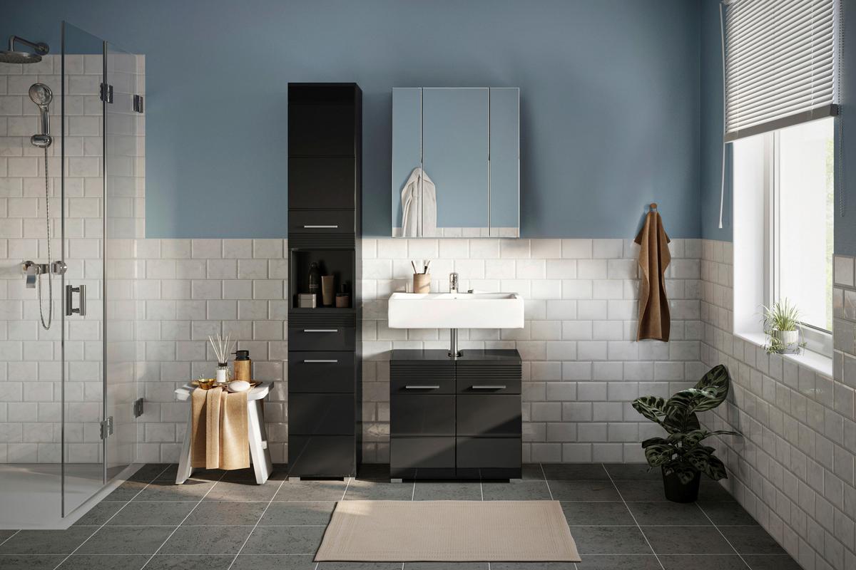 Kopalnica Linus, Črna - srebrne barve/črna, Moderno, umetna masa/leseni material (90cm) - MID.YOU